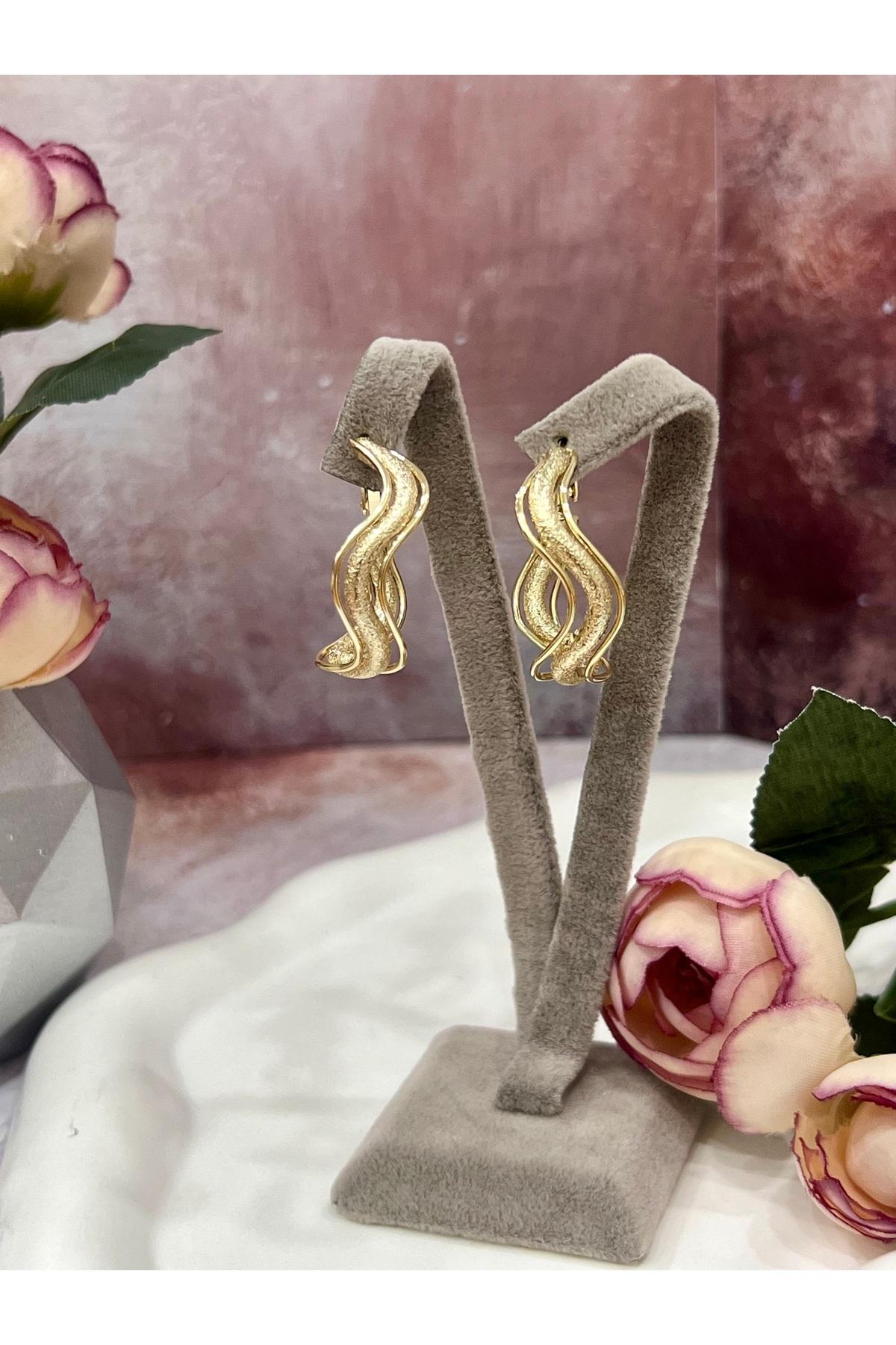 Trend Model Dalga Form Altın Renk Kadın Küpe (14K GOLD/3X3CM) - Görsel 2