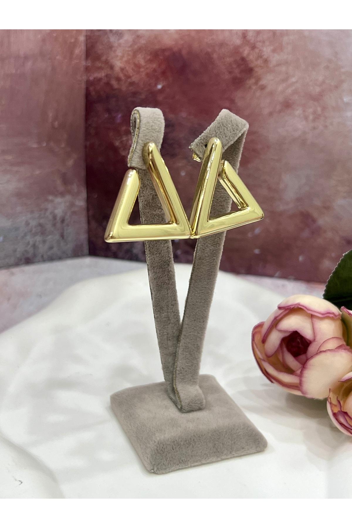 Trend Model Üçgen Çerçeve Altın Kaplama Küpe (14K GOLD/3X3CM) - Görsel 3