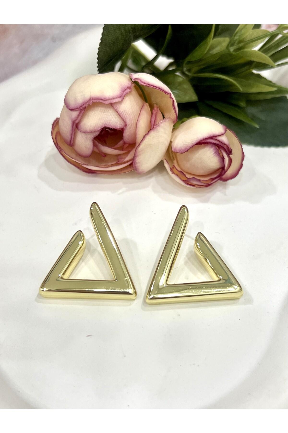 Trend Model Üçgen Çerçeve Altın Kaplama Küpe (14K GOLD/3X3CM) - Görsel 2