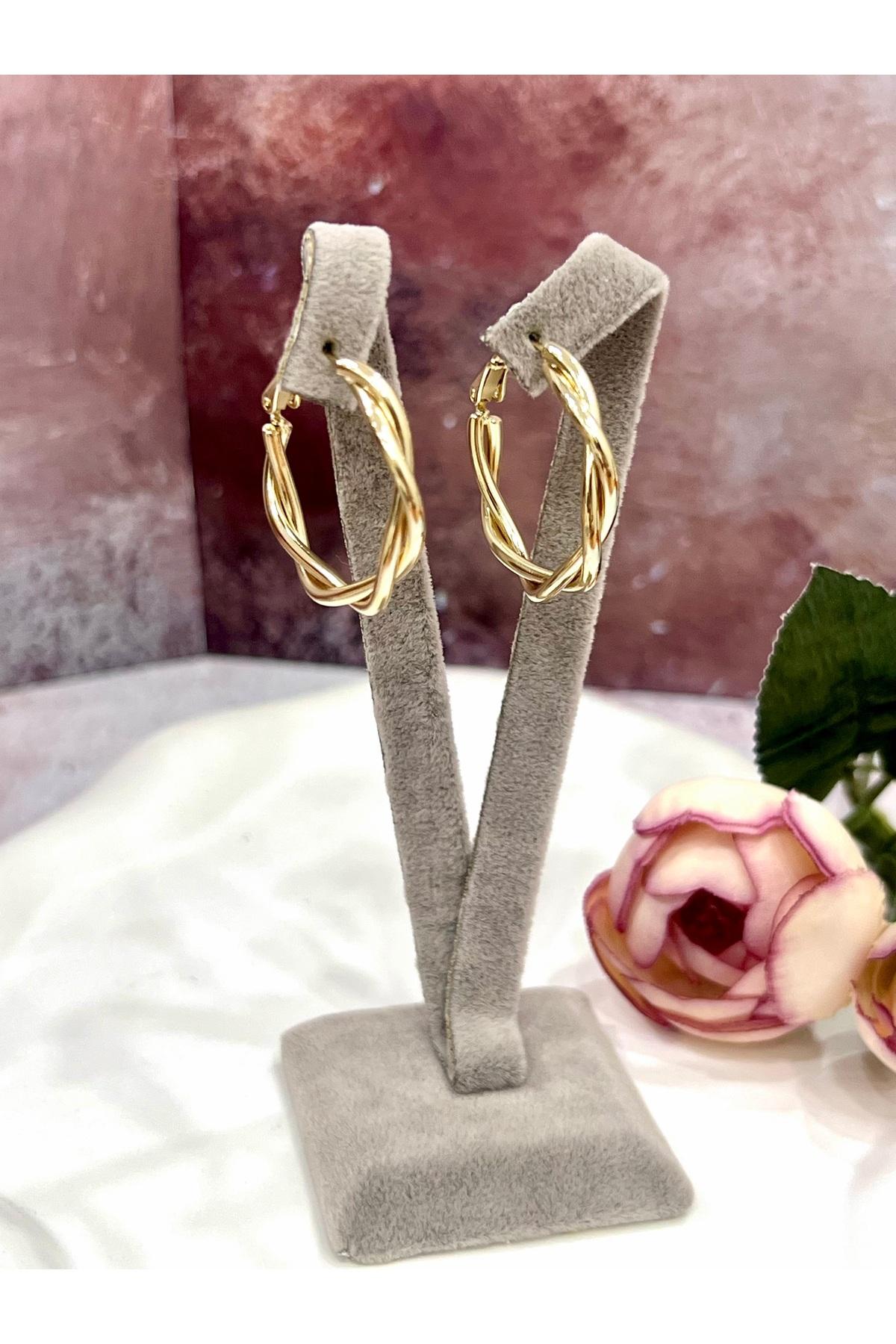 İç İçe Geçmiş Burgu Model Modern Halka Küpe (14K GOLD/3X3CM) - Görsel 6