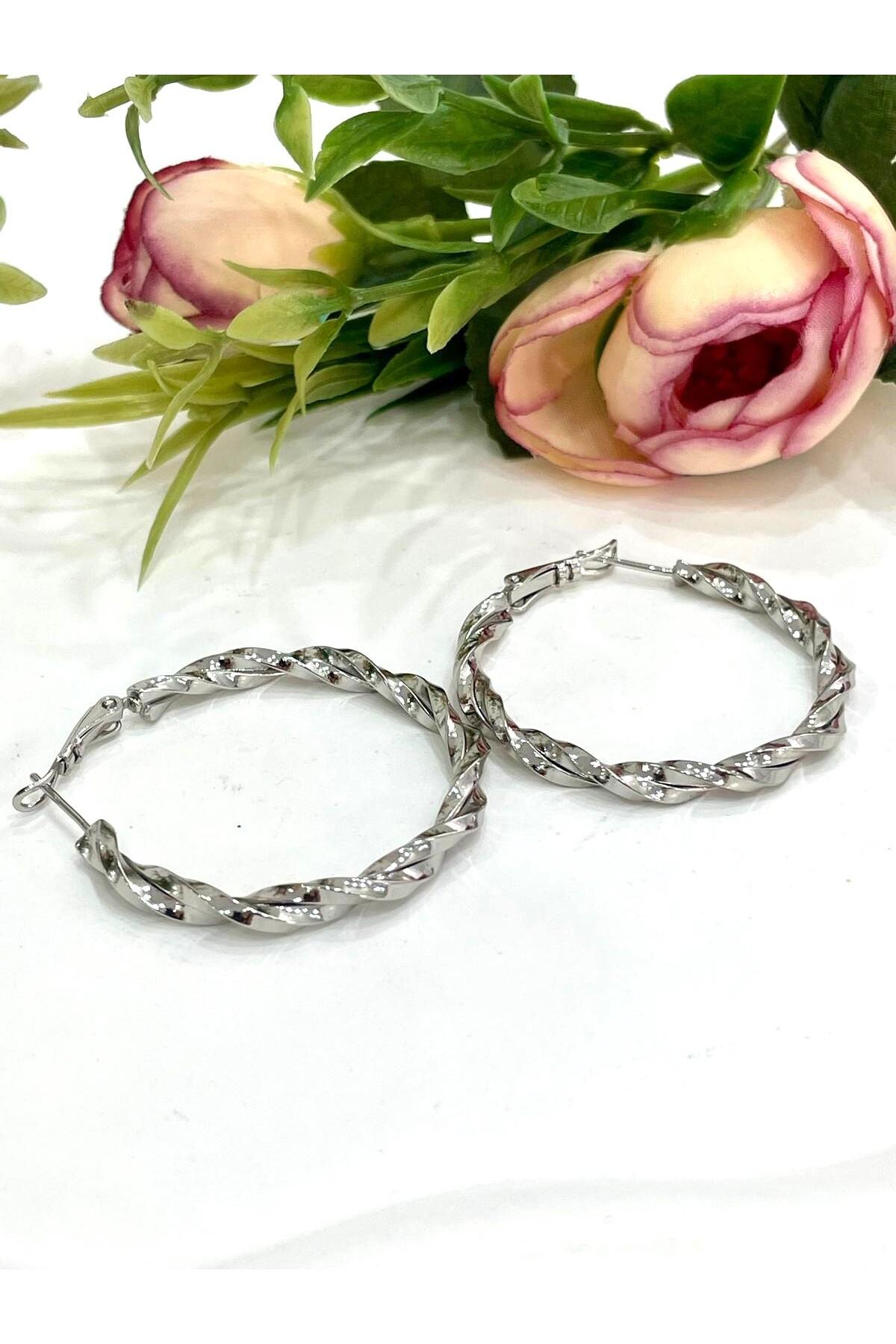 Işıltılı İtalyan Model Sarmal Halka Küpe (Silver Renk 4*4cm) - Görsel 4