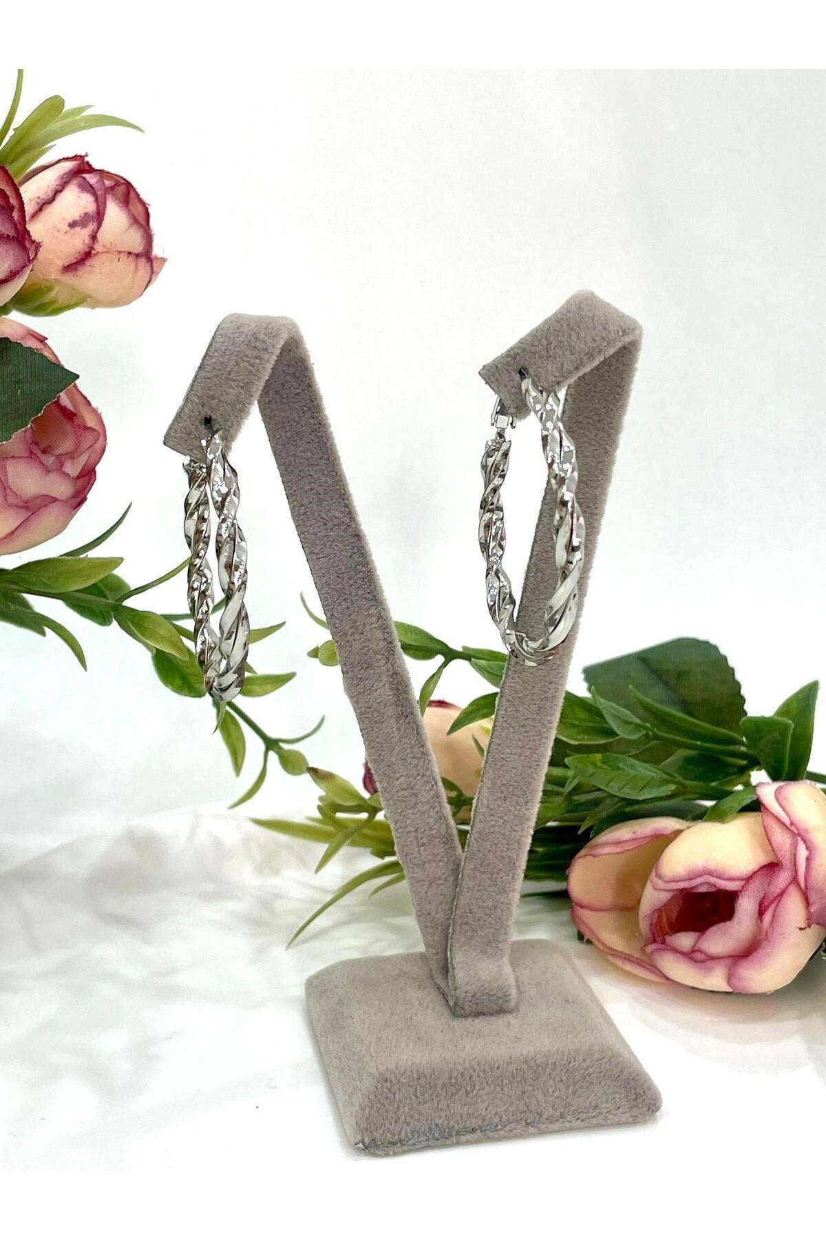 Işıltılı İtalyan Model Sarmal Halka Küpe (Silver Renk 4*4cm) - Görsel 5