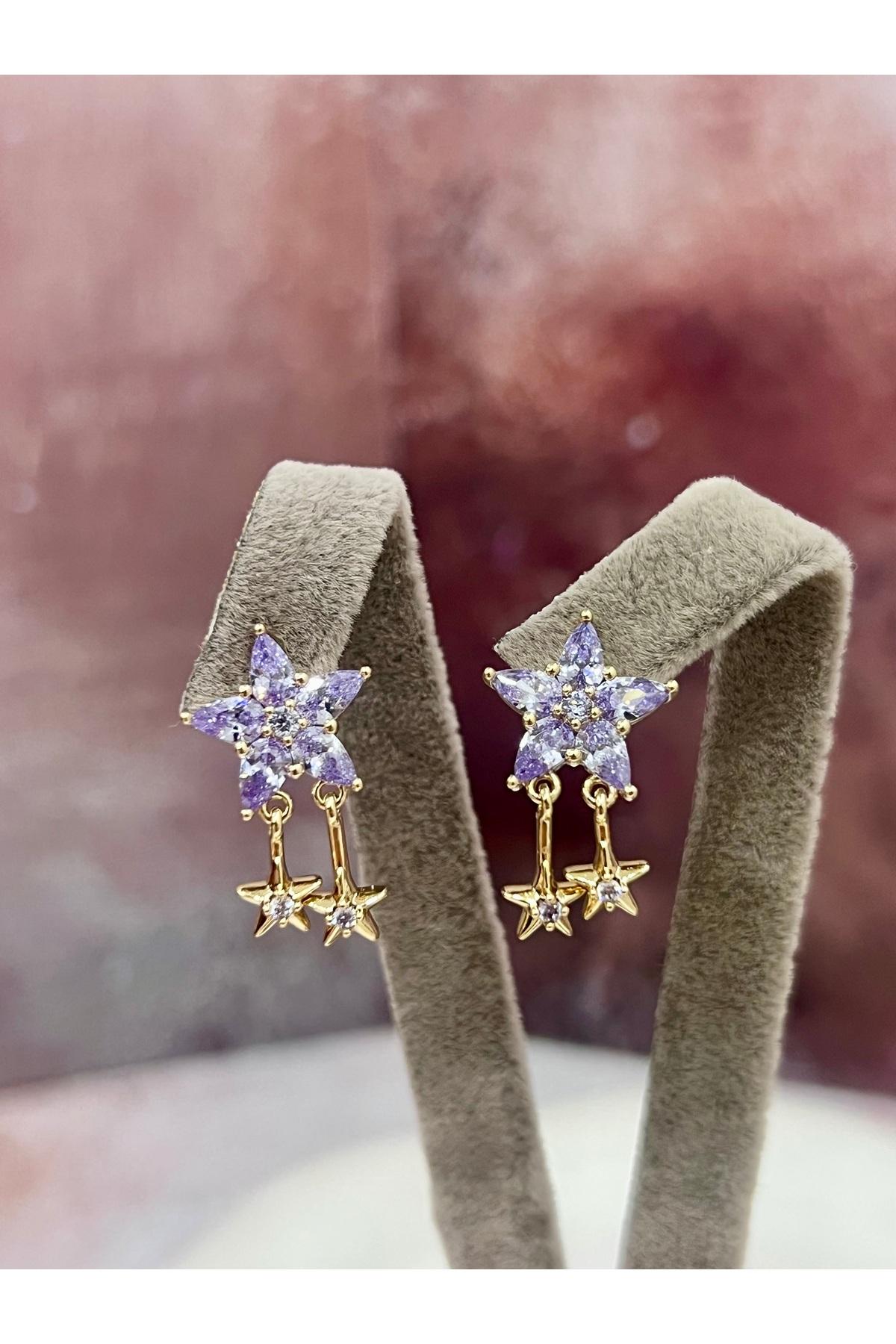 Kutup Yıldızı Serisi: Mor Taşlı Sallantılı Gold Küpe(14k Gold 2/1,2cm) - Görsel 3