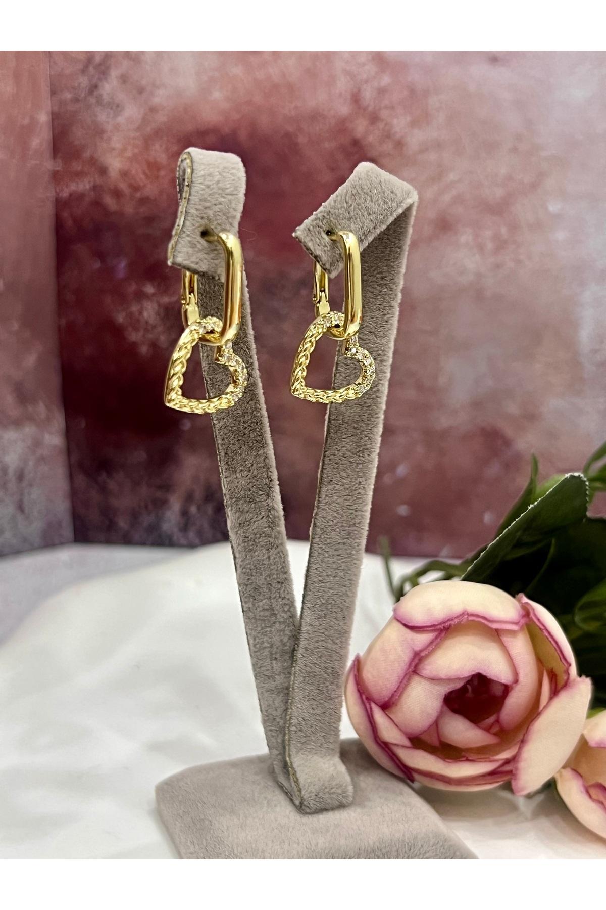 Sevgililer Günü Hediyesi Taşlı Kalp Figürlü Gold Küpe (14k Gold 2,5/1,5cm) - Görsel 3