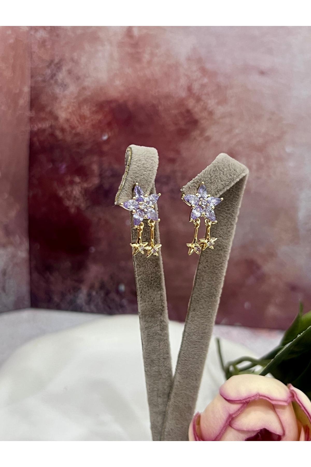 Kutup Yıldızı Serisi: Mor Taşlı Sallantılı Gold Küpe(14k Gold 2/1,2cm) - Görsel 6