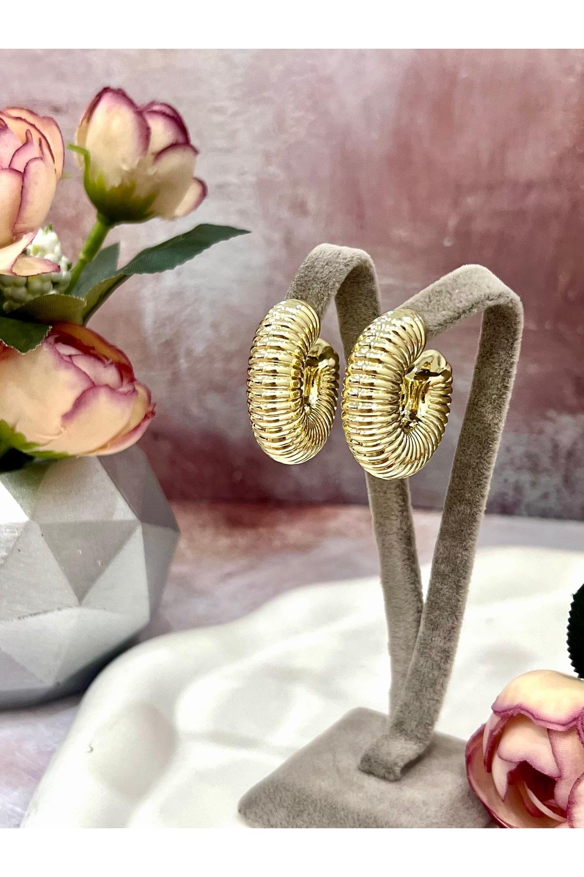 Modern Tasarım Kalın Halka Altın Renk Küpe (14K GOLD/3X3CM) - Görsel 3