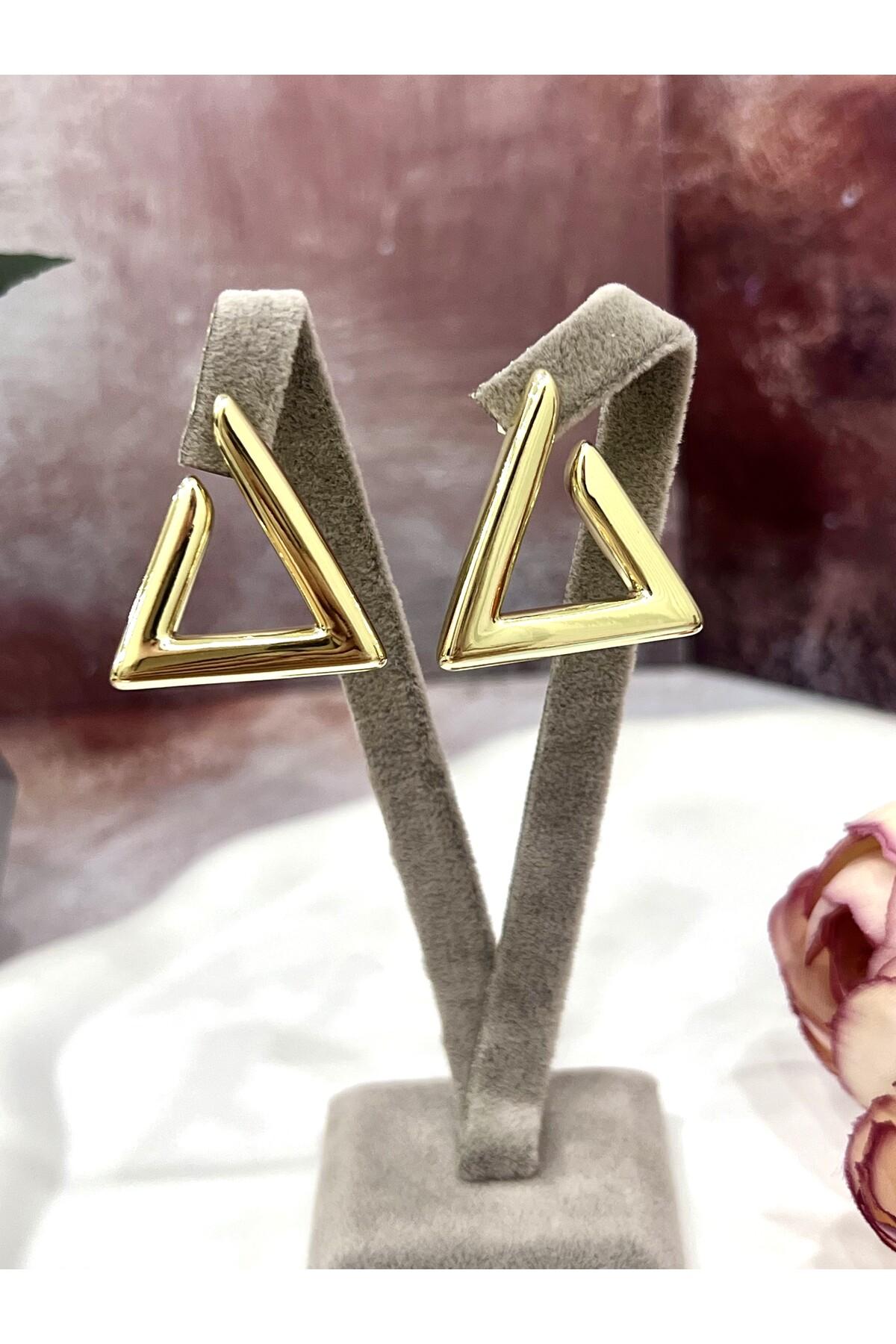 Trend Model Üçgen Çerçeve Altın Kaplama Küpe (14K GOLD/3X3CM) - Görsel 6