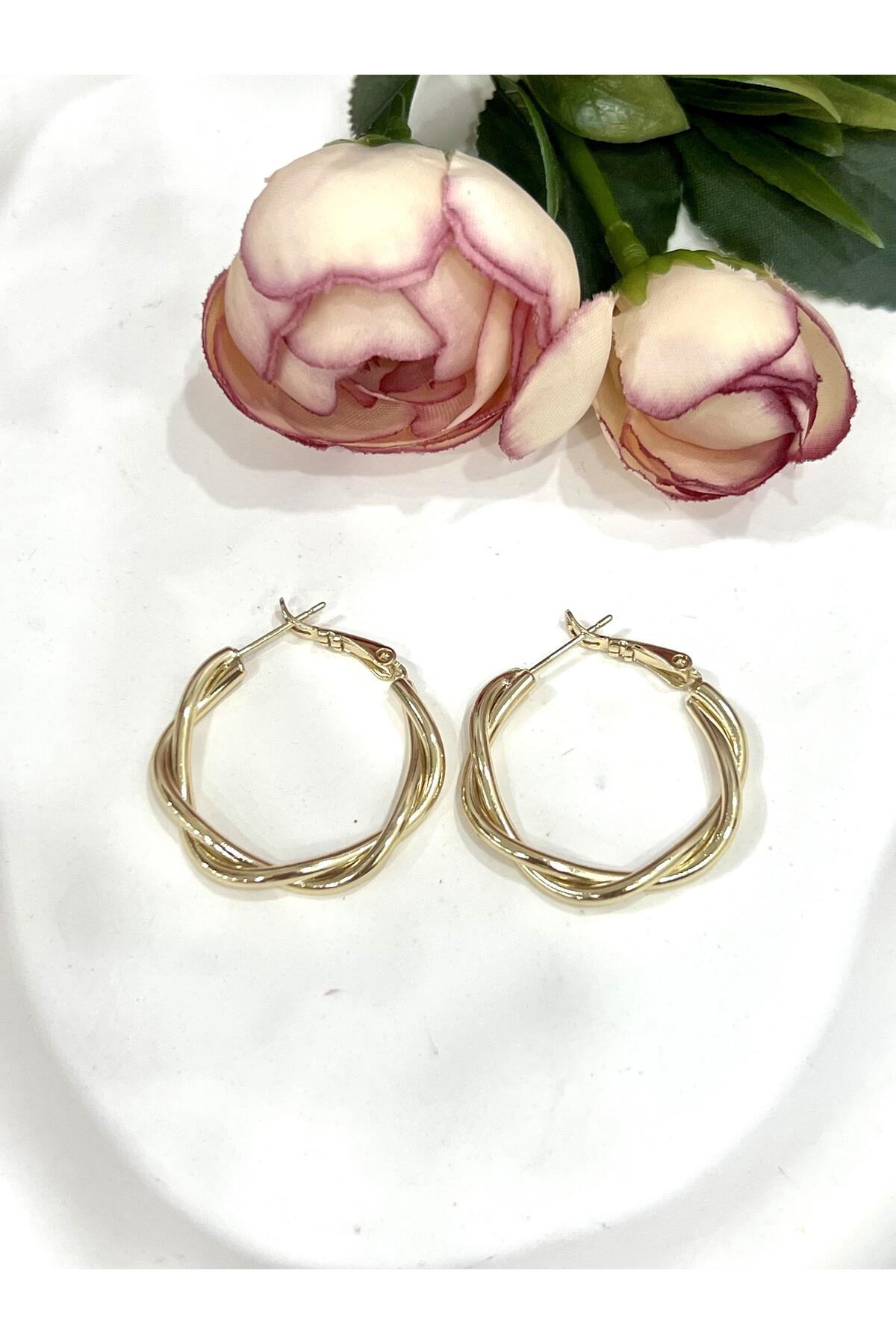 İç İçe Geçmiş Burgu Model Modern Halka Küpe (14K GOLD/3X3CM) - Görsel 4