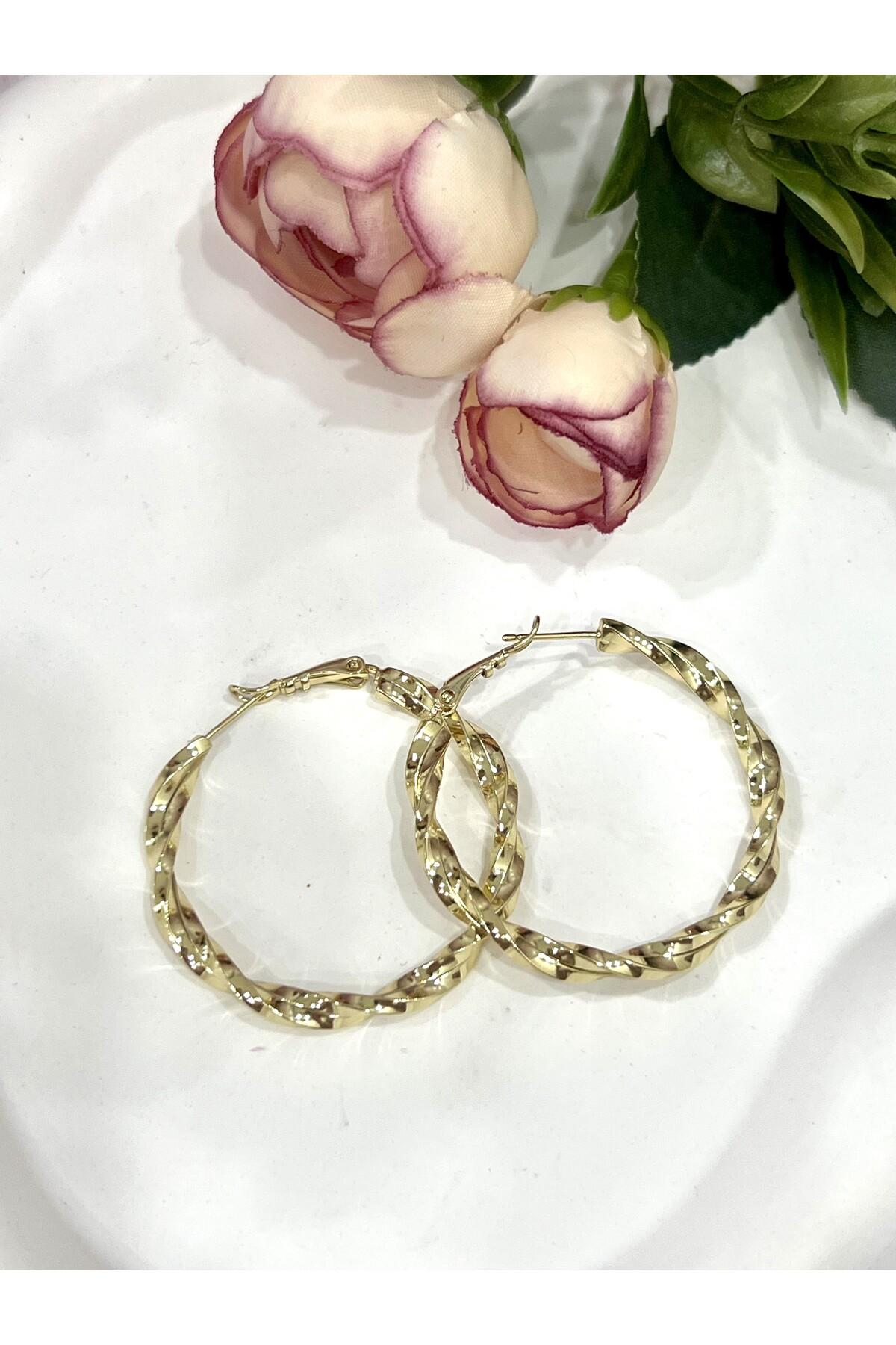 Işıltılı İtalyan Model Sarmal Halka Küpe (14k Gold 4*4cm) - Görsel 3