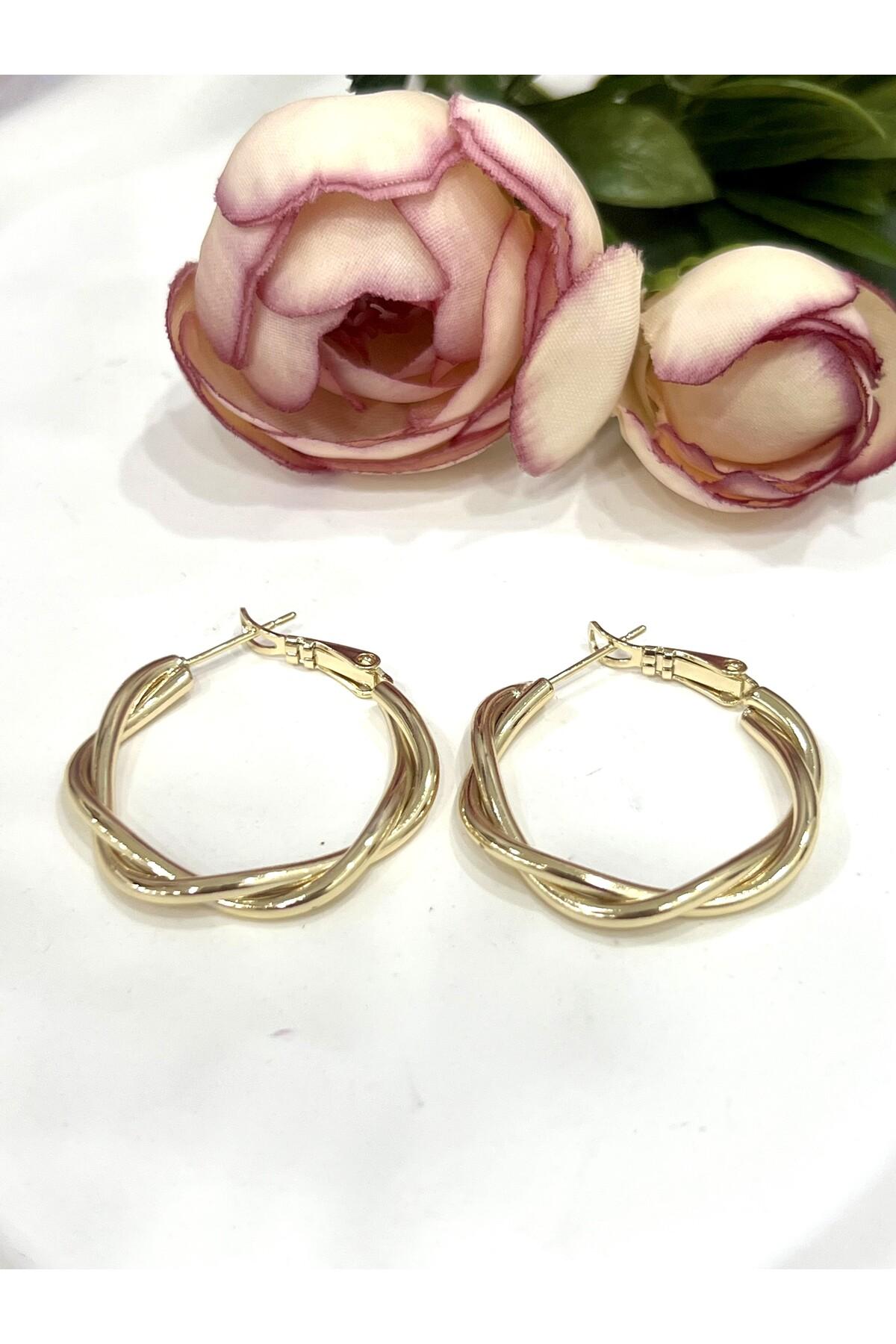 İç İçe Geçmiş Burgu Model Modern Halka Küpe (14K GOLD/3X3CM) - Görsel 5