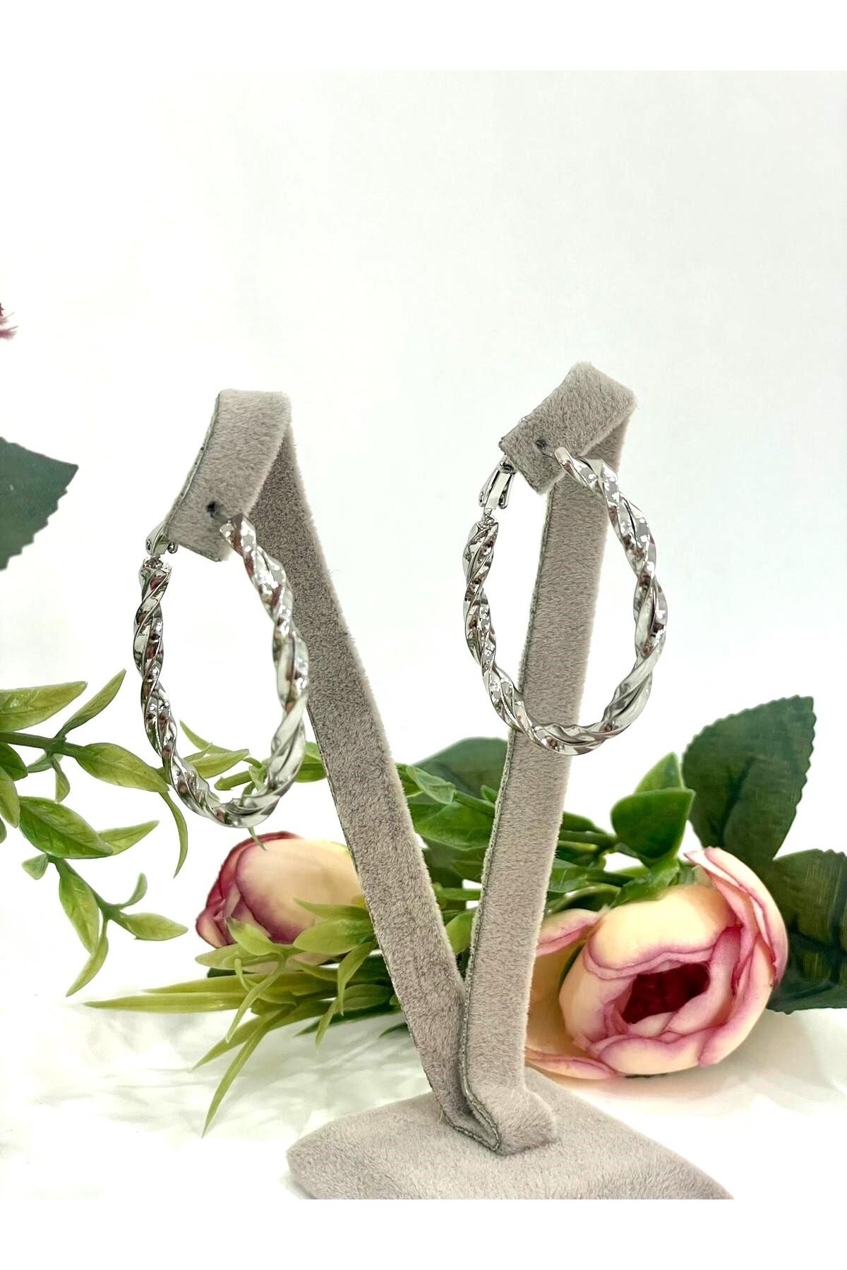 Işıltılı İtalyan Model Sarmal Halka Küpe (Silver Renk 4*4cm) - Görsel 6