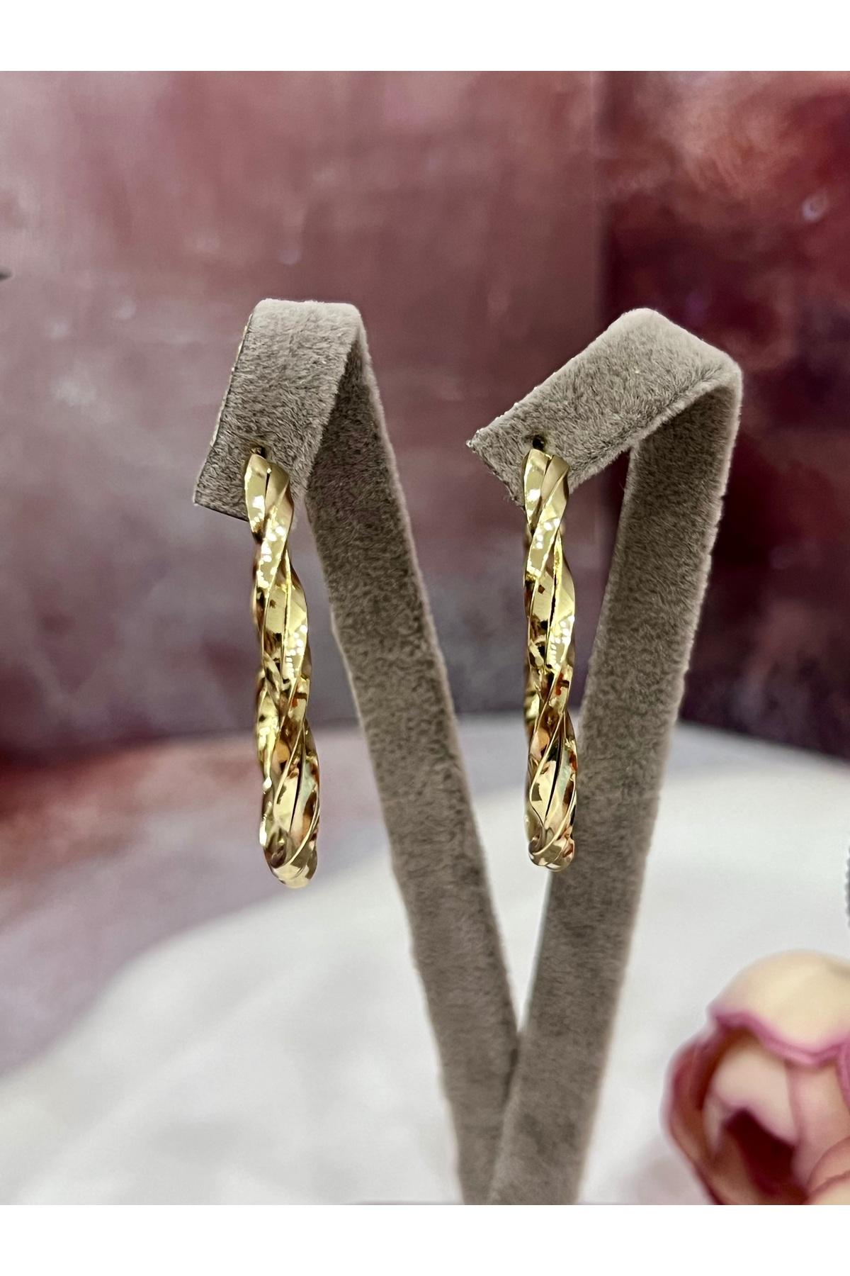 Işıltılı İtalyan Model Sarmal Halka Küpe (14k Gold 4*4cm) - Görsel 4