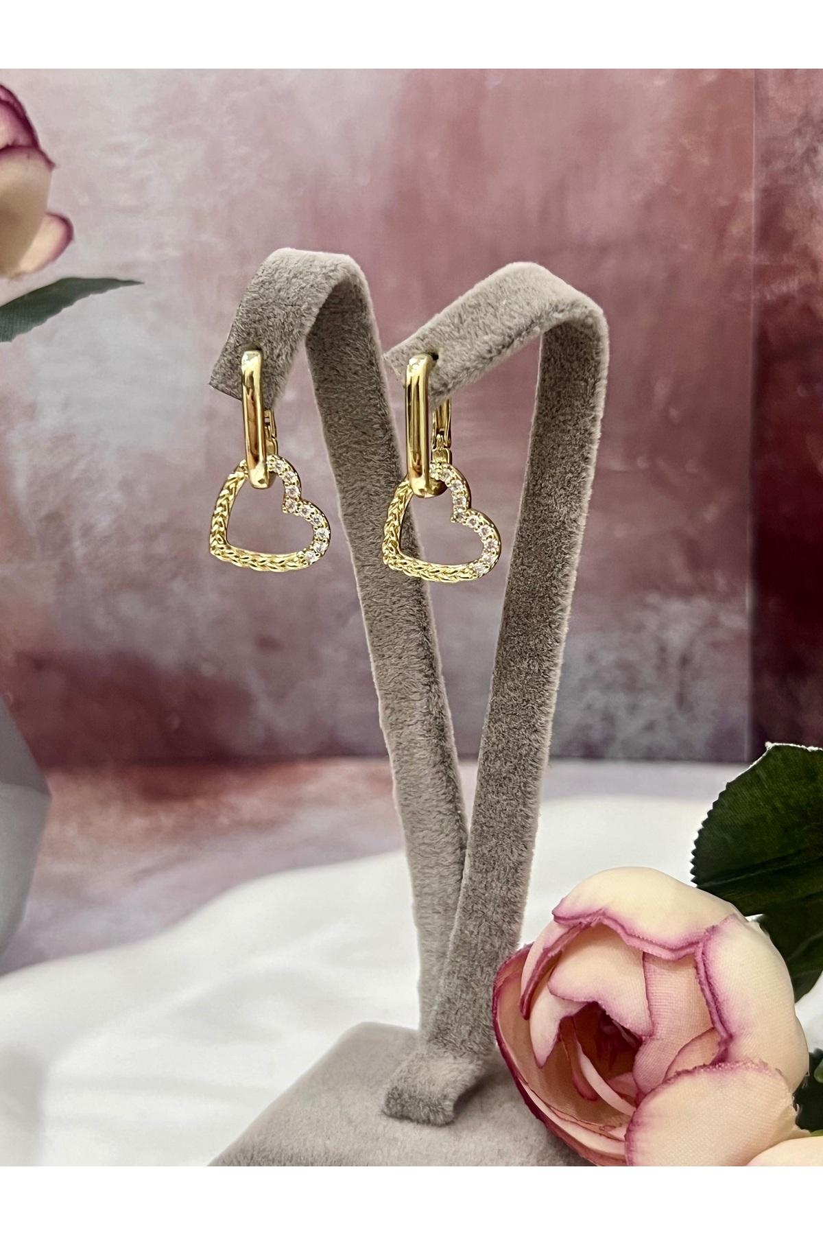 Sevgililer Günü Hediyesi Taşlı Kalp Figürlü Gold Küpe (14k Gold 2,5/1,5cm) - Görsel 6