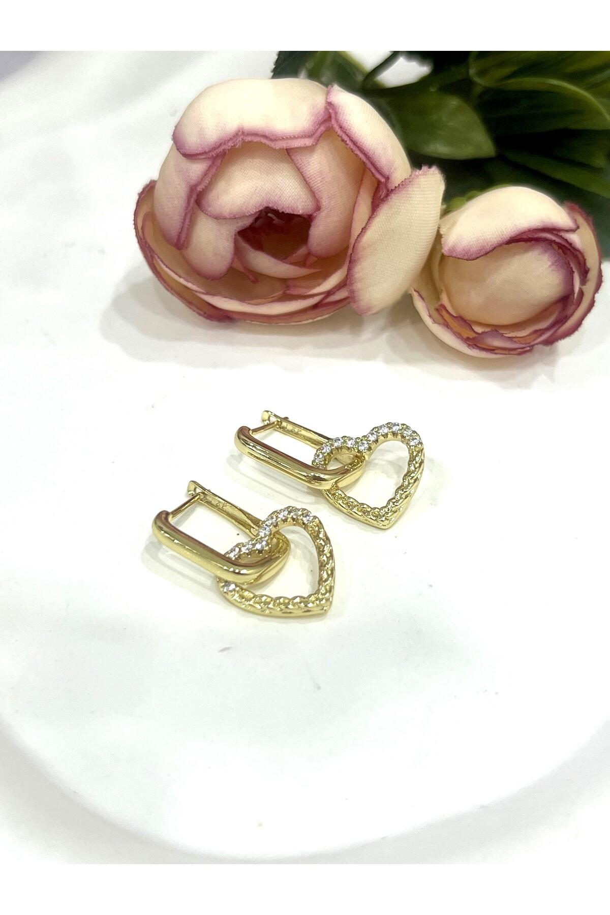 Sevgililer Günü Hediyesi Taşlı Kalp Figürlü Gold Küpe (14k Gold 2,5/1,5cm) - Görsel 2