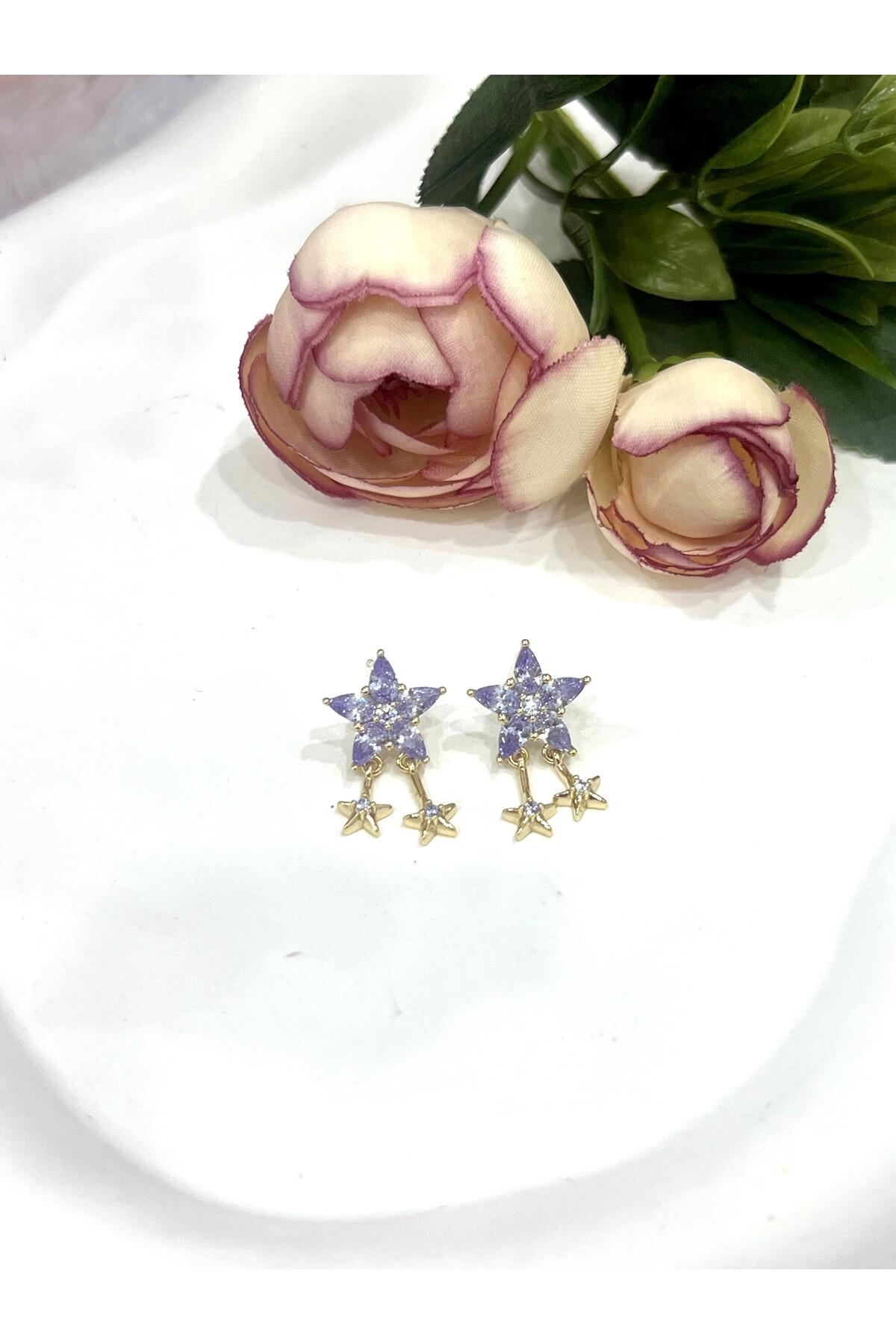 Kutup Yıldızı Serisi: Mor Taşlı Sallantılı Gold Küpe(14k Gold 2/1,2cm) - Görsel 4