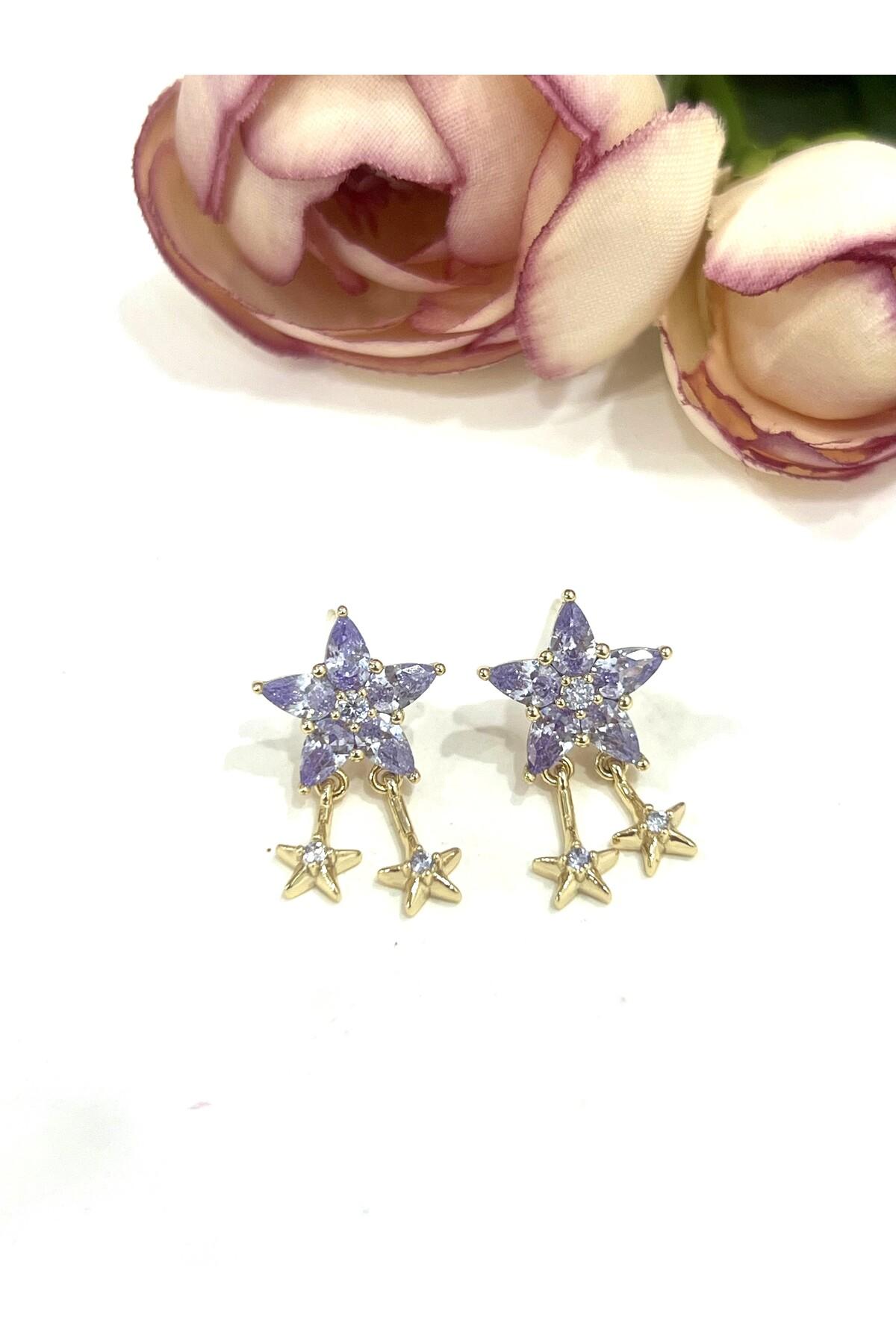 Kutup Yıldızı Serisi: Mor Taşlı Sallantılı Gold Küpe(14k Gold 2/1,2cm) - Görsel 2