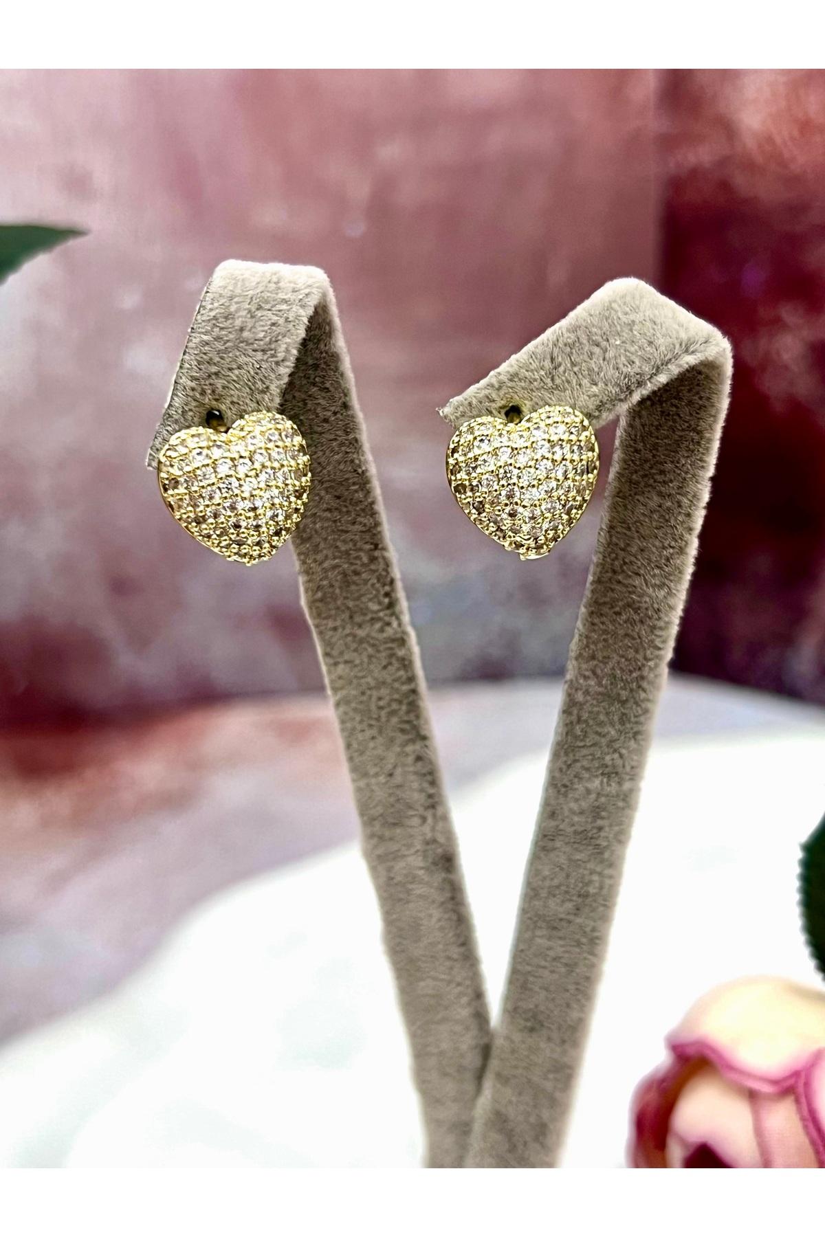 Özel Gün Hediyesi Tamtur Işıltılı Kalp Küpe (14k Gold 1,4/1,1cm)