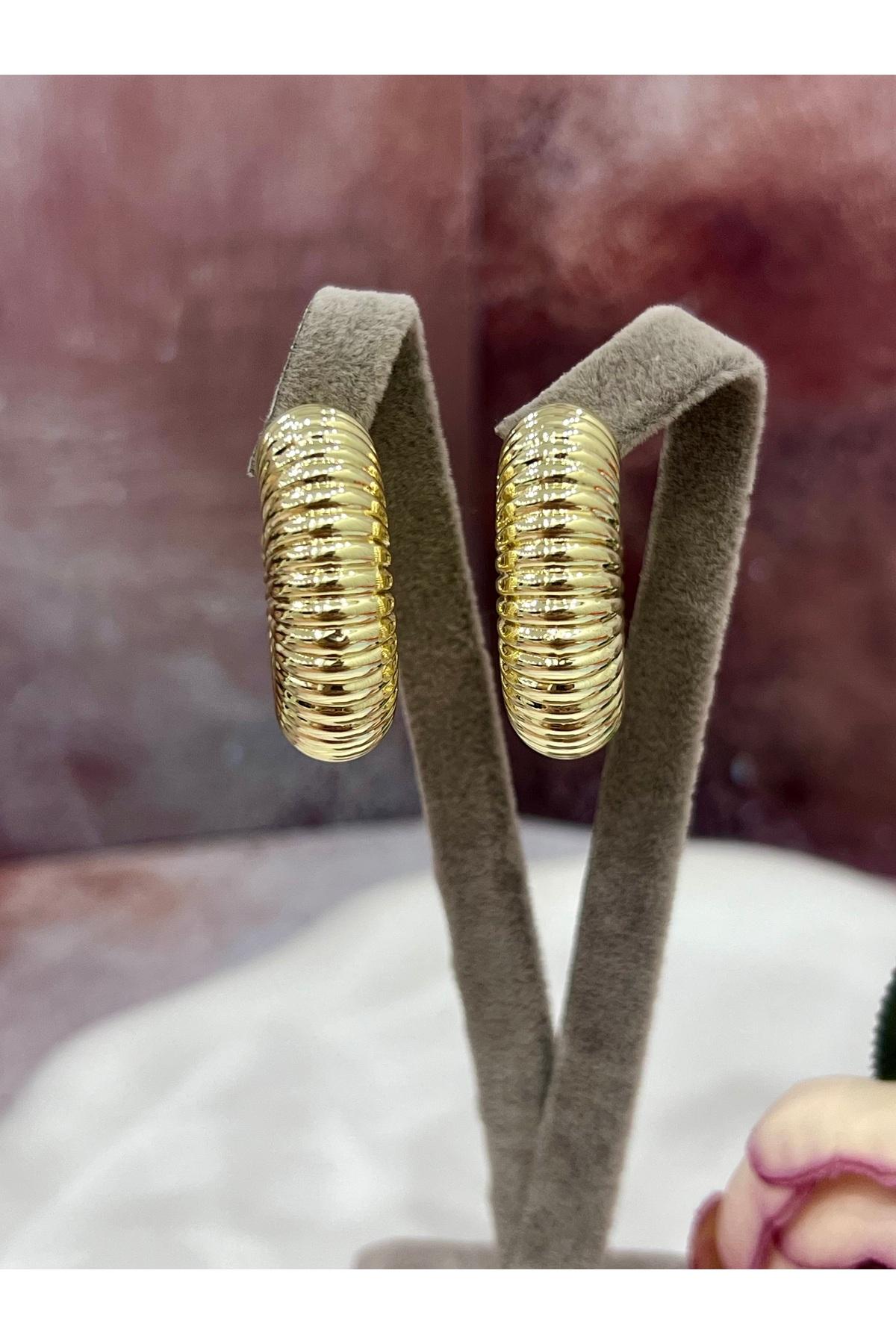 Modern Tasarım Kalın Halka Altın Renk Küpe (14K GOLD/3X3CM) - Görsel 5