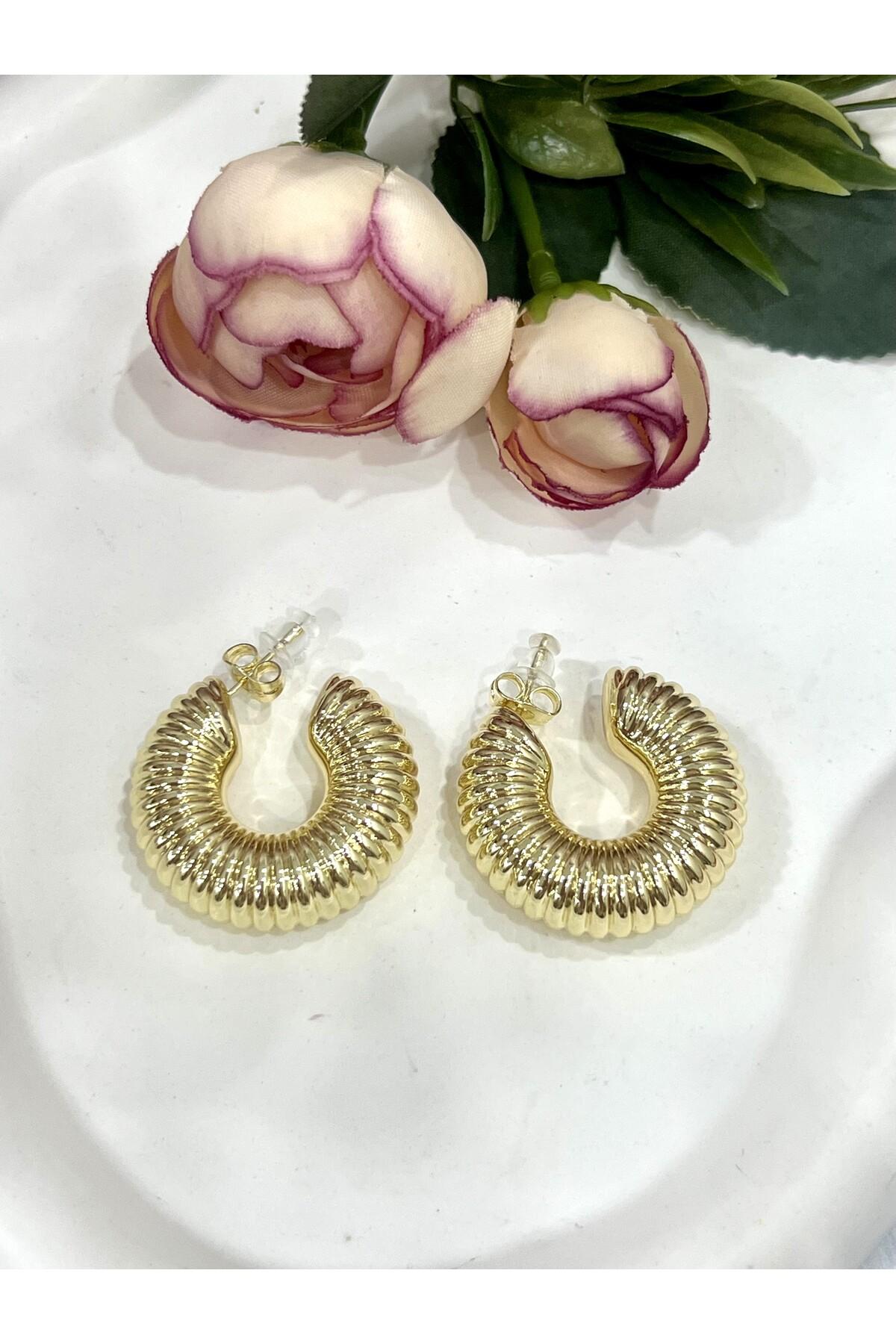 Modern Tasarım Kalın Halka Altın Renk Küpe (14K GOLD/3X3CM) - Görsel 4