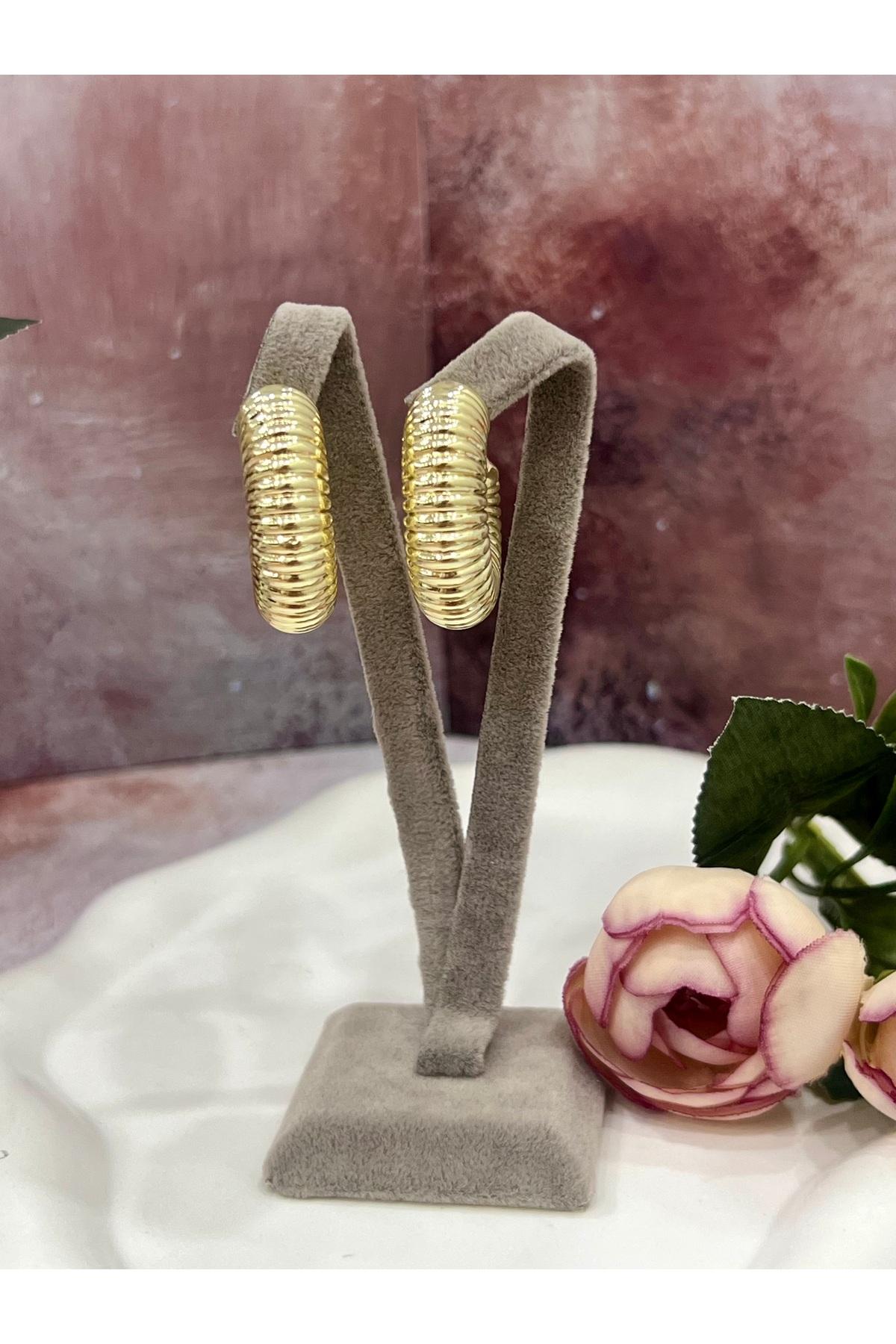 Modern Tasarım Kalın Halka Altın Renk Küpe (14K GOLD/3X3CM) - Görsel 6