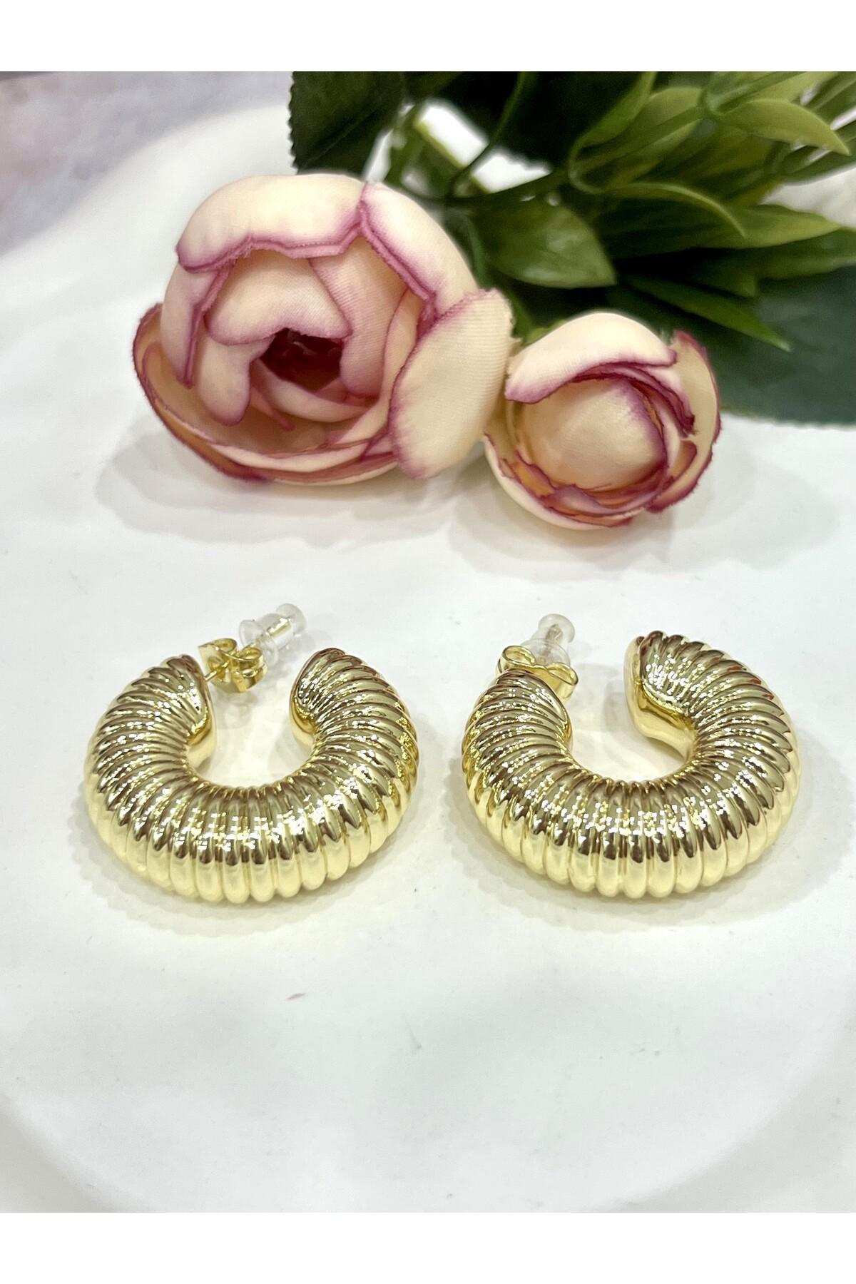 Modern Tasarım Kalın Halka Altın Renk Küpe (14K GOLD/3X3CM) - Görsel 2