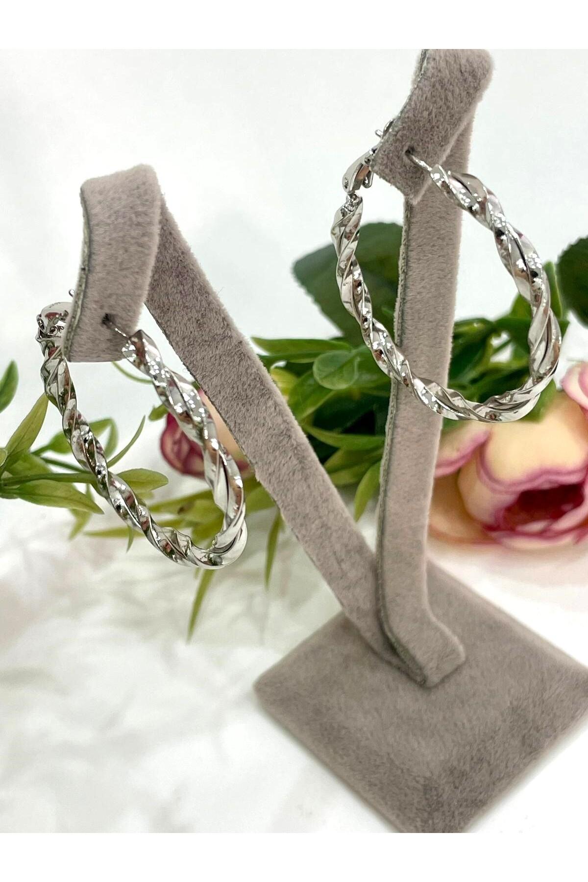 Işıltılı İtalyan Model Sarmal Halka Küpe (Silver Renk 4*4cm) - Görsel 3