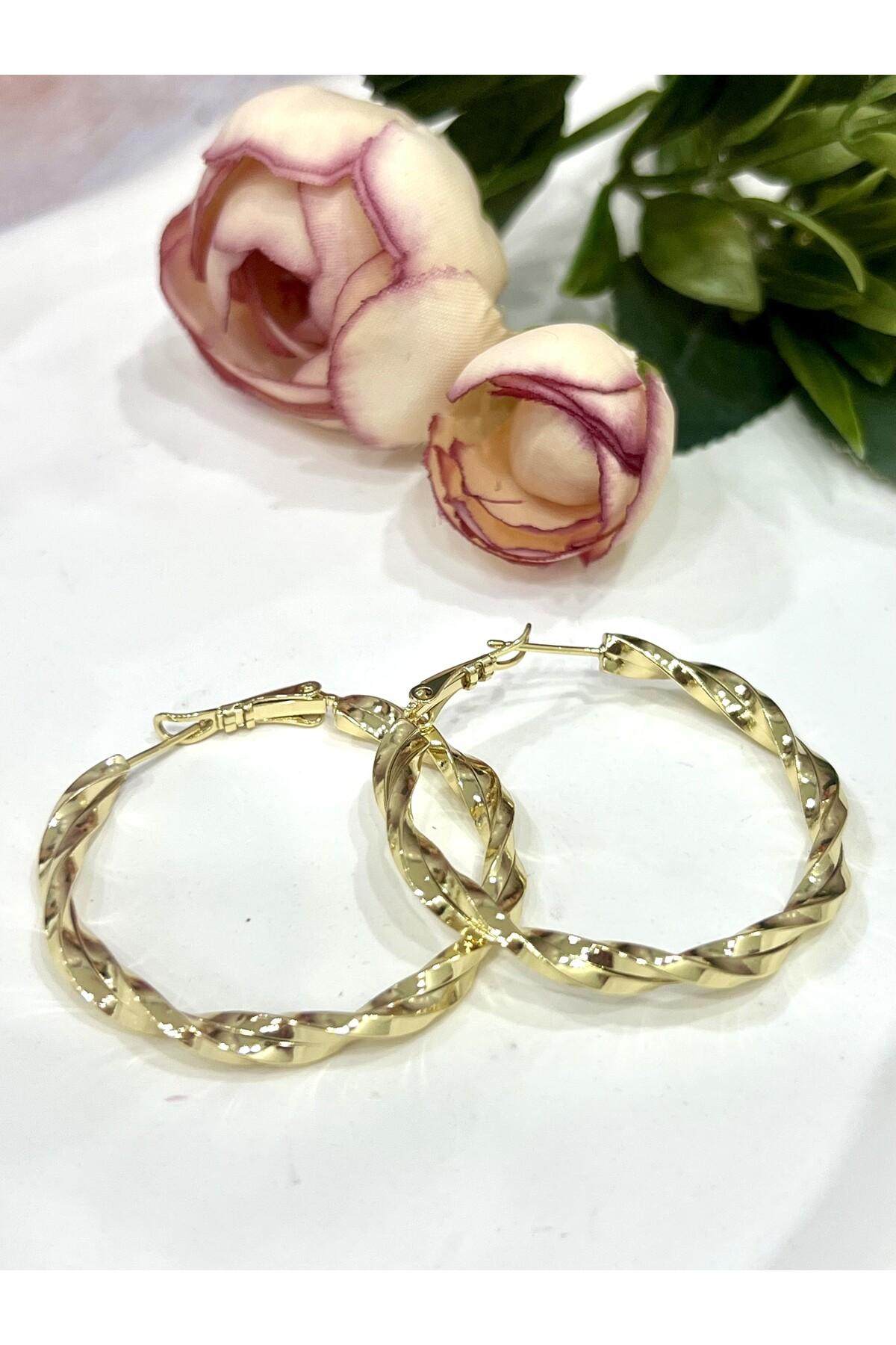 Işıltılı İtalyan Model Sarmal Halka Küpe (14k Gold 4*4cm) - Görsel 5