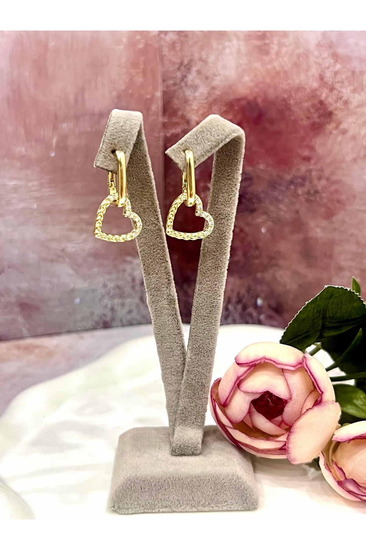 Sevgililer Günü Hediyesi Taşlı Kalp Figürlü Gold Küpe (14k Gold 2,5/1,5cm) - Görsel 5