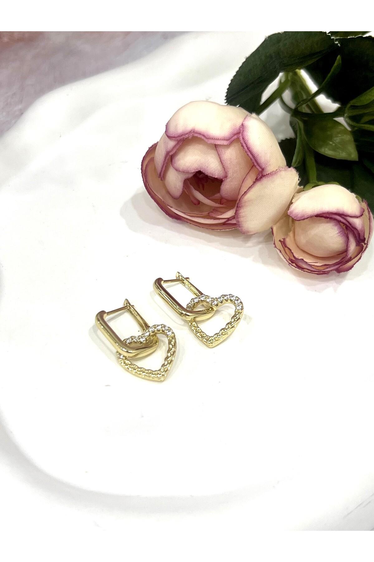 Sevgililer Günü Hediyesi Taşlı Kalp Figürlü Gold Küpe (14k Gold 2,5/1,5cm) - Görsel 4