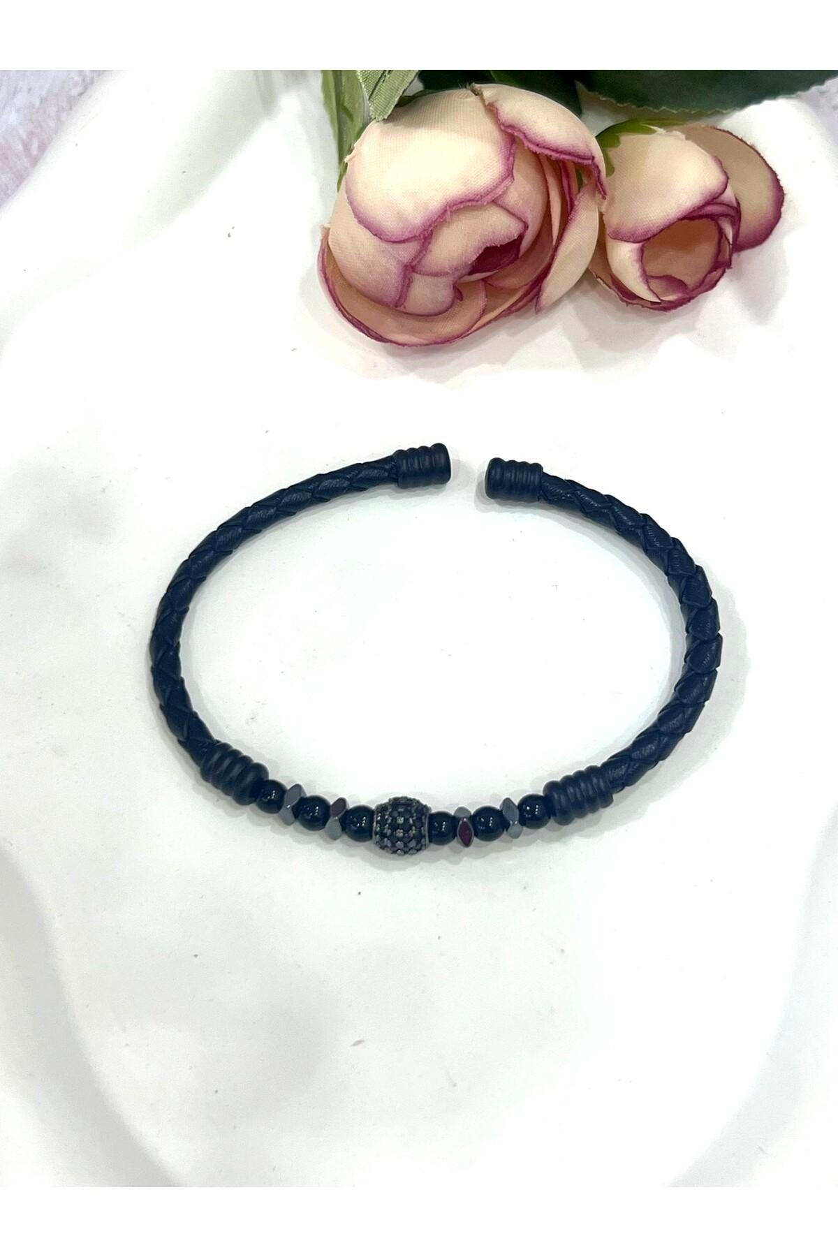 Premium Deri Erkek Bileklik | Siyah Oniks Taşlı Küp Figür - Görsel 3