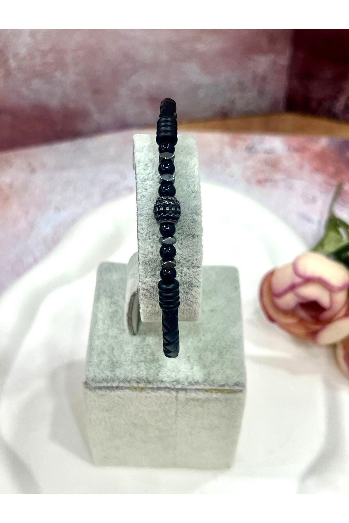 Premium Deri Erkek Bileklik | Siyah Oniks Taşlı Küp Figür - Görsel 2
