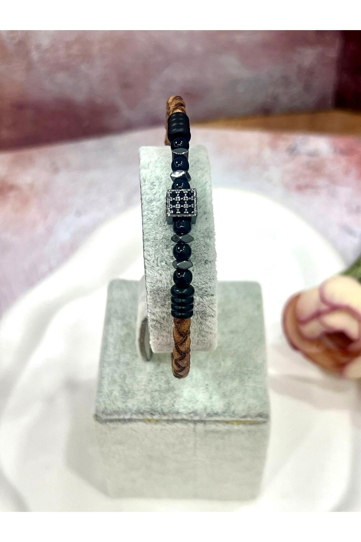 Premium Deri Erkek Bileklik | Siyah Oniks Taşlı Küp Figür - Görsel 2