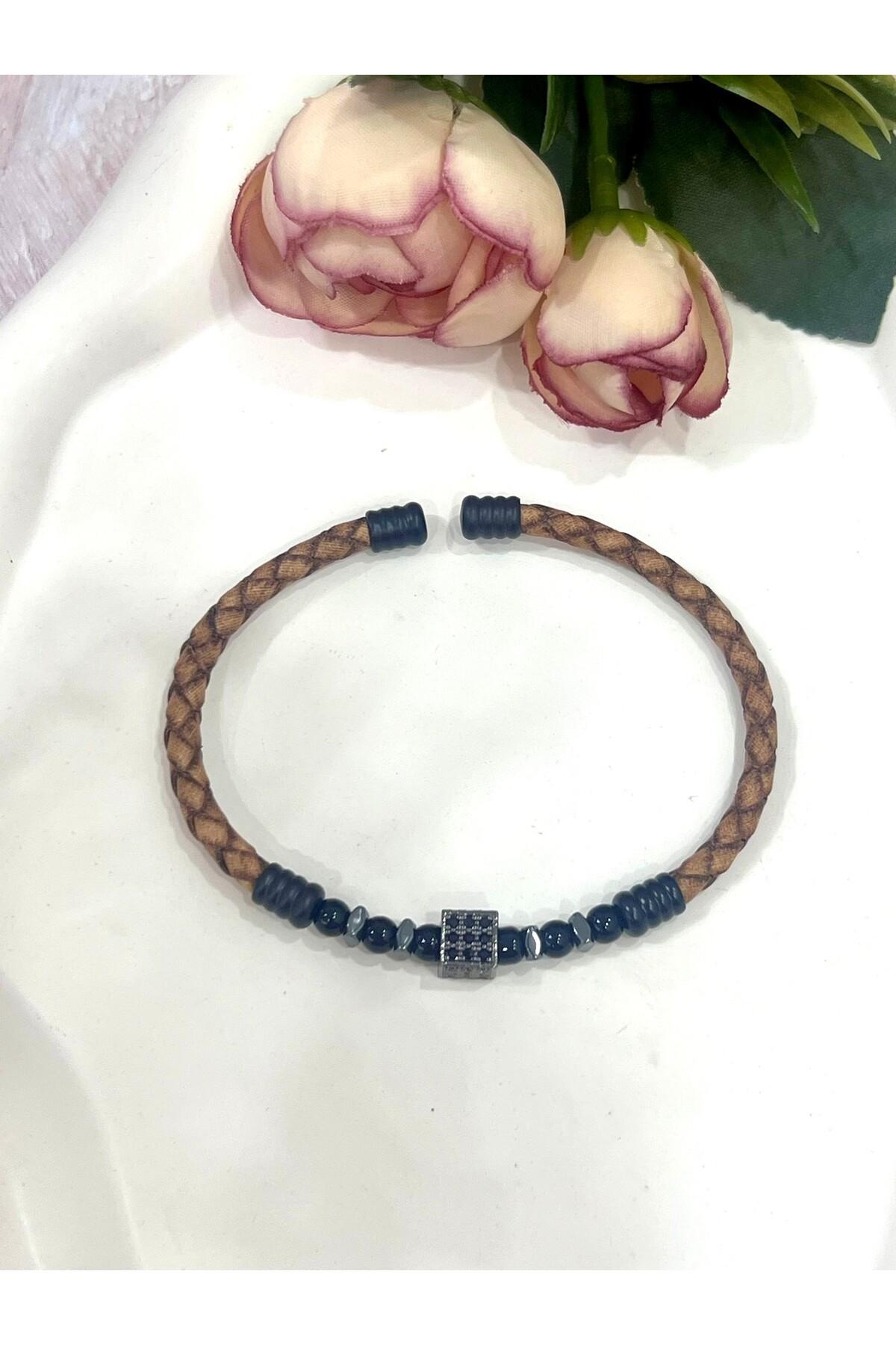 Premium Deri Erkek Bileklik | Siyah Oniks Taşlı Küp Figür - Görsel 4