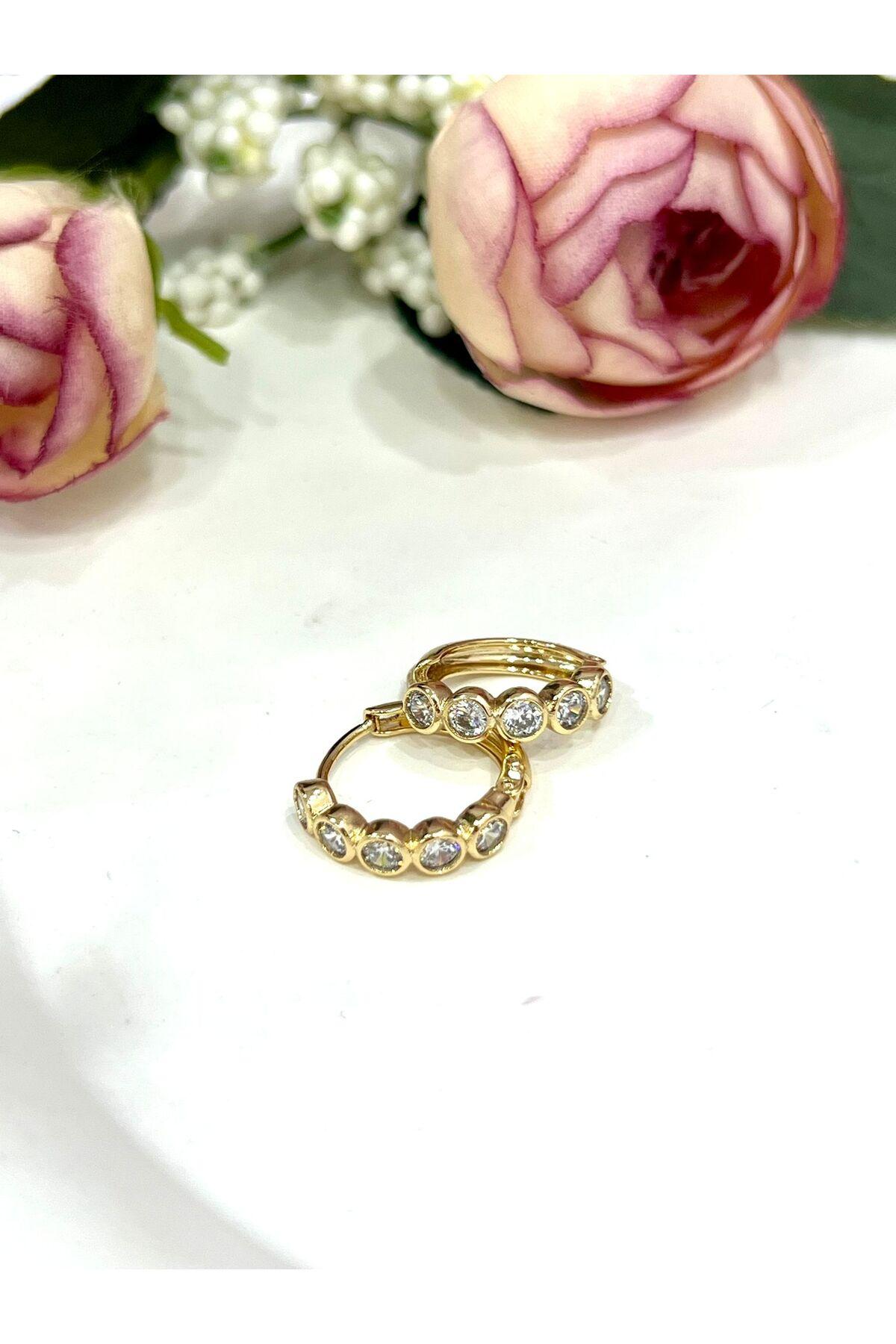 Yuvarlak Kesim Taşlı Halka Küpe (14k Gold) - Görsel 6