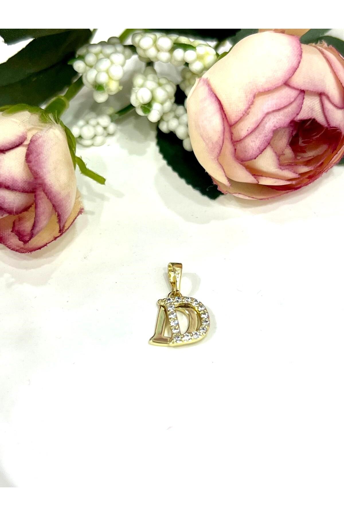 Zirkon Taşlı Harf D Kolye Ucu (14k Gold 1x1cm) - Görsel 2