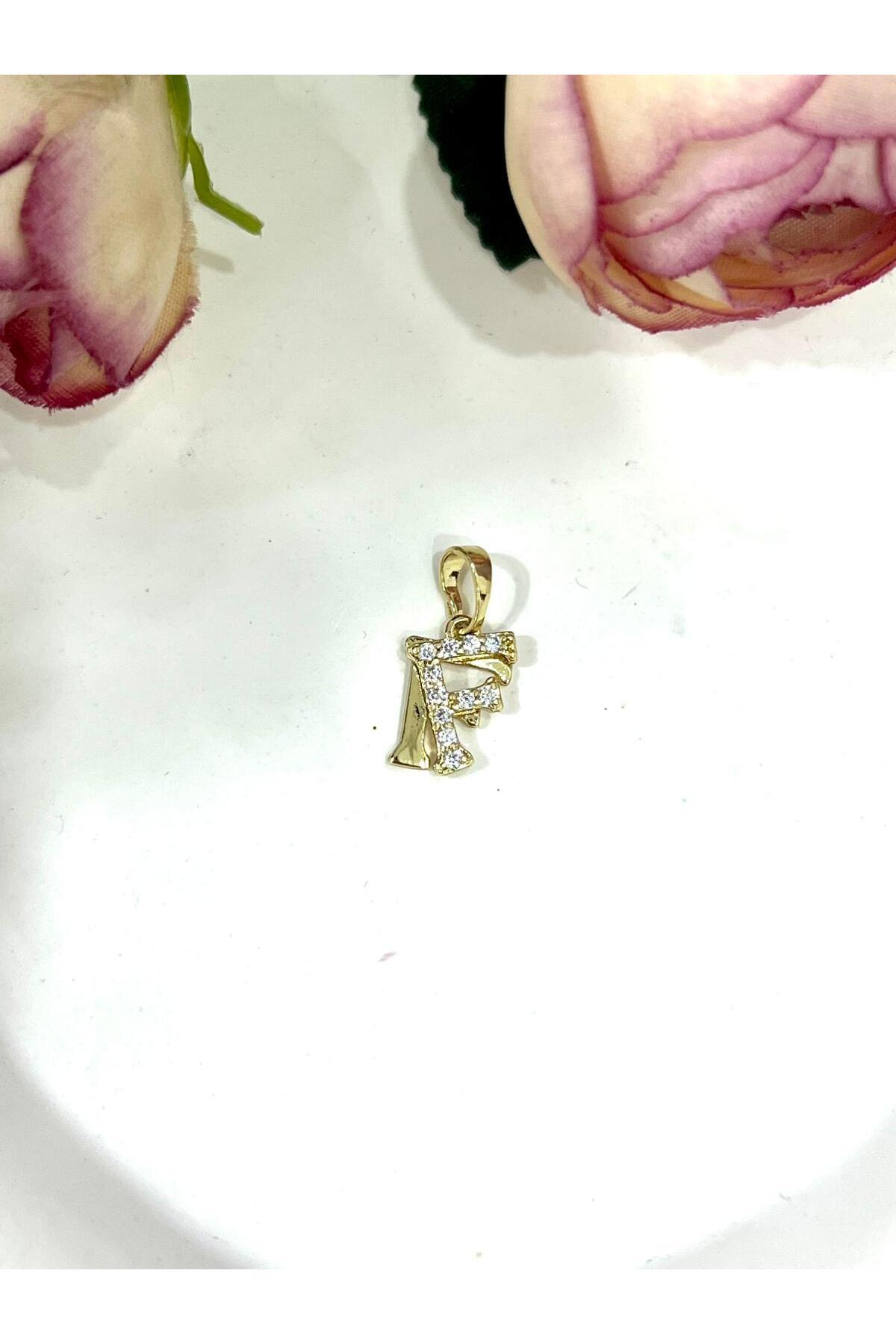 Zirkon Taşlı Harf F Kolye Ucu (14k Gold 1x1cm) - Görsel 2