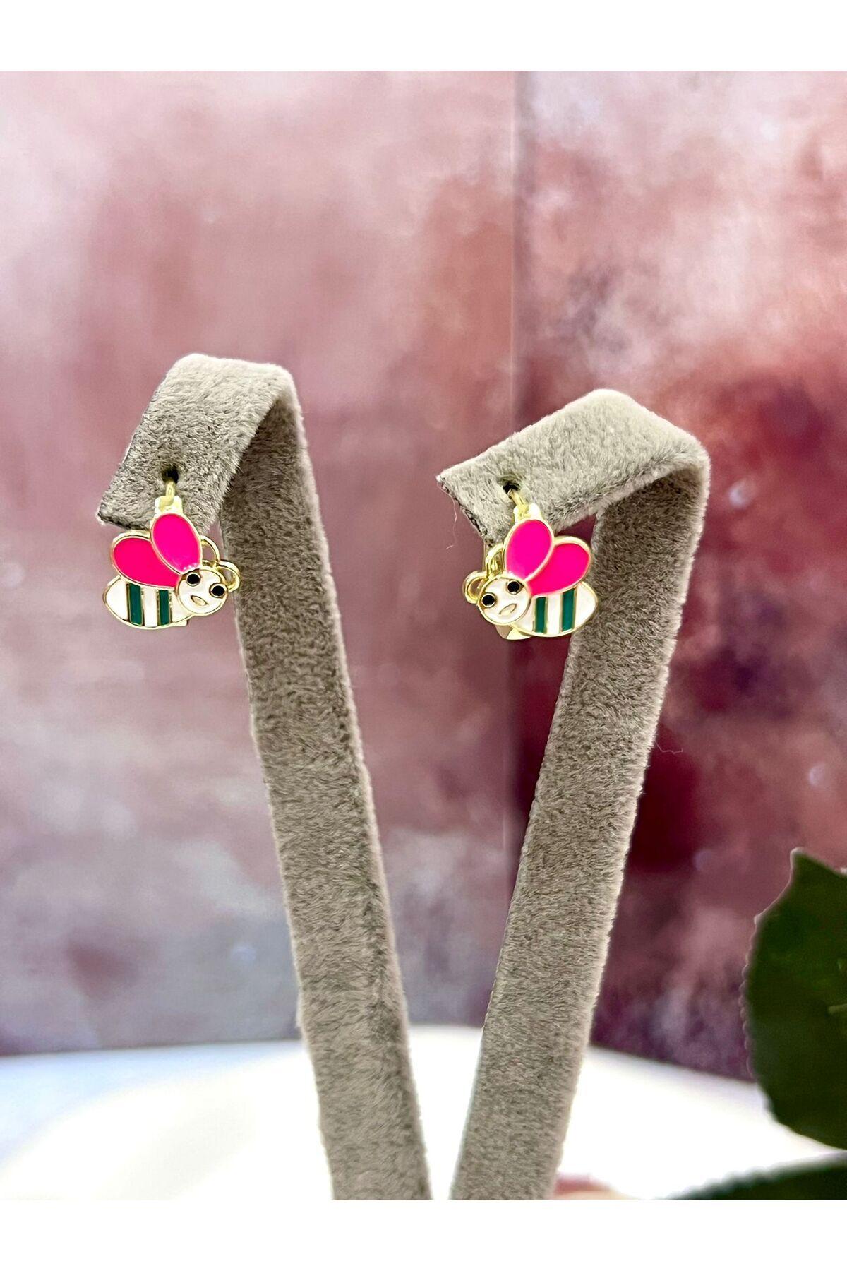 Gold Pembe Kanatlı Sevimli Arı Çocuk Küpesi (14k Gold)