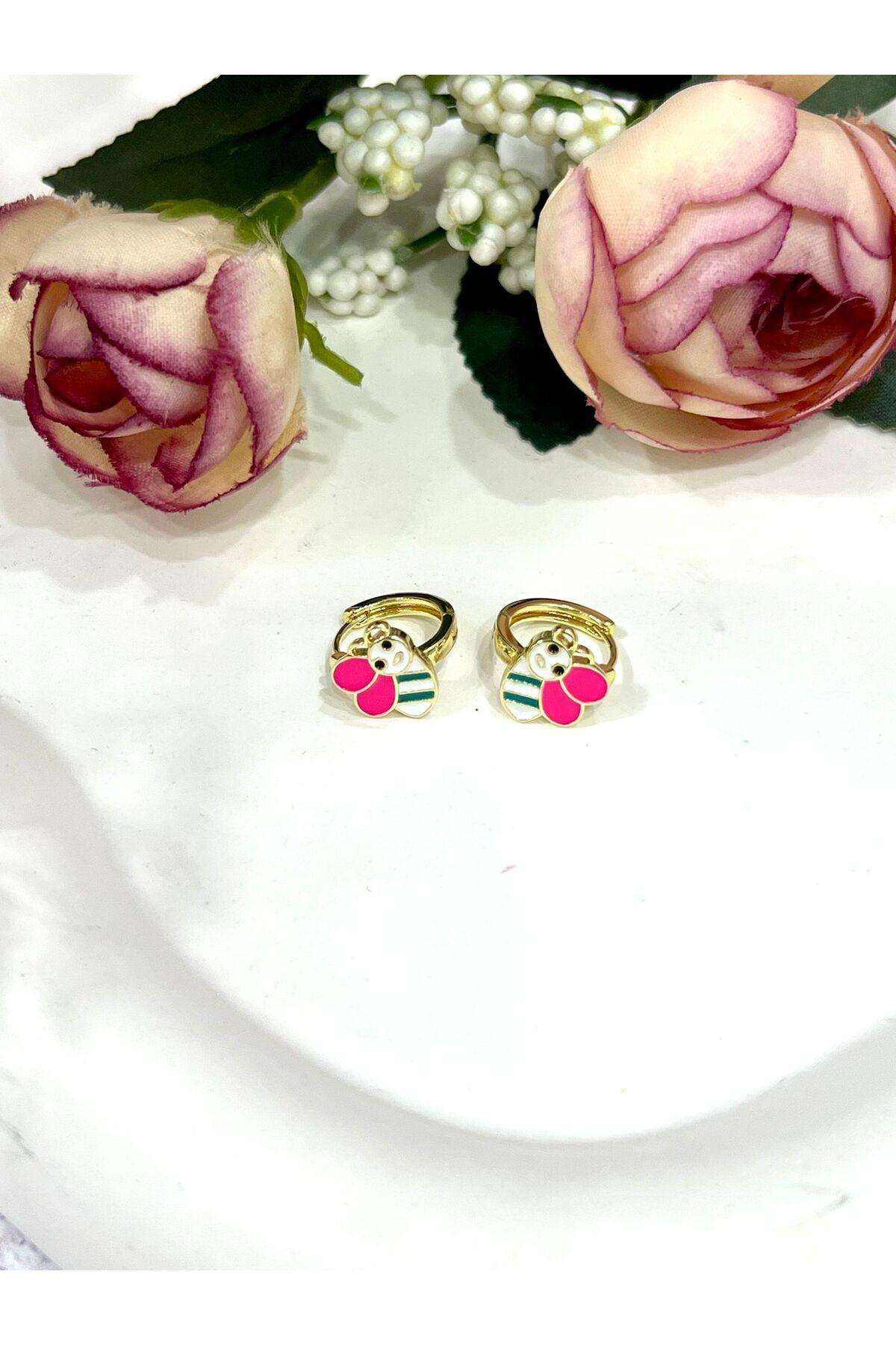 Gold Pembe Kanatlı Sevimli Arı Çocuk Küpesi (14k Gold) - Görsel 4