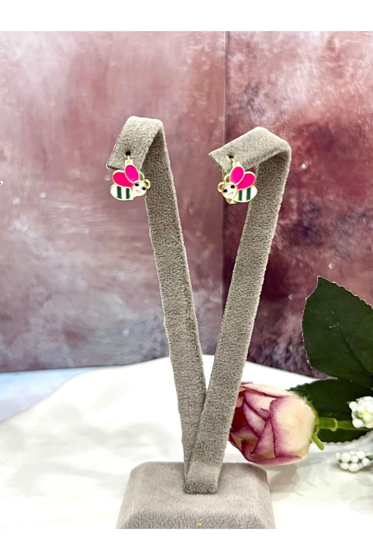 Gold Pembe Kanatlı Sevimli Arı Çocuk Küpesi (14k Gold) - Görsel 6