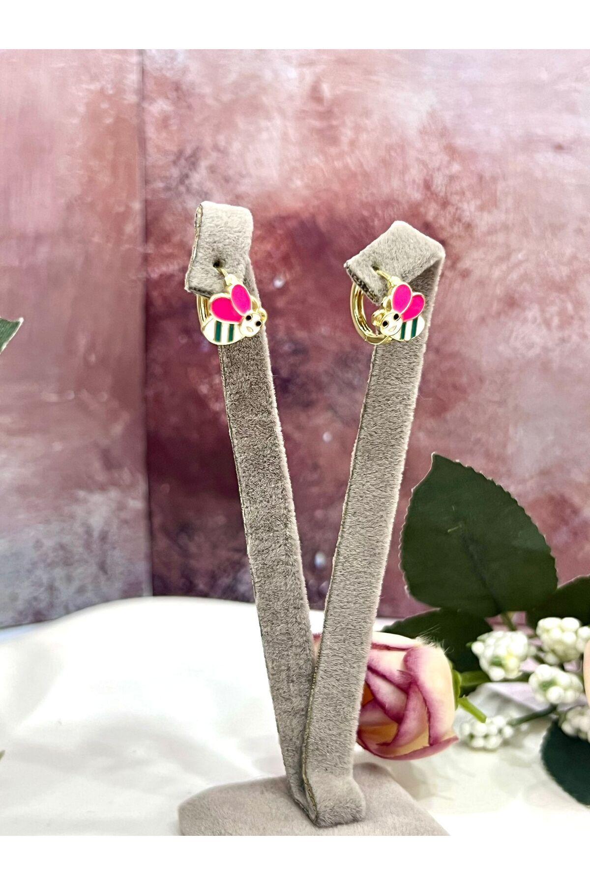 Gold Pembe Kanatlı Sevimli Arı Çocuk Küpesi (14k Gold) - Görsel 5