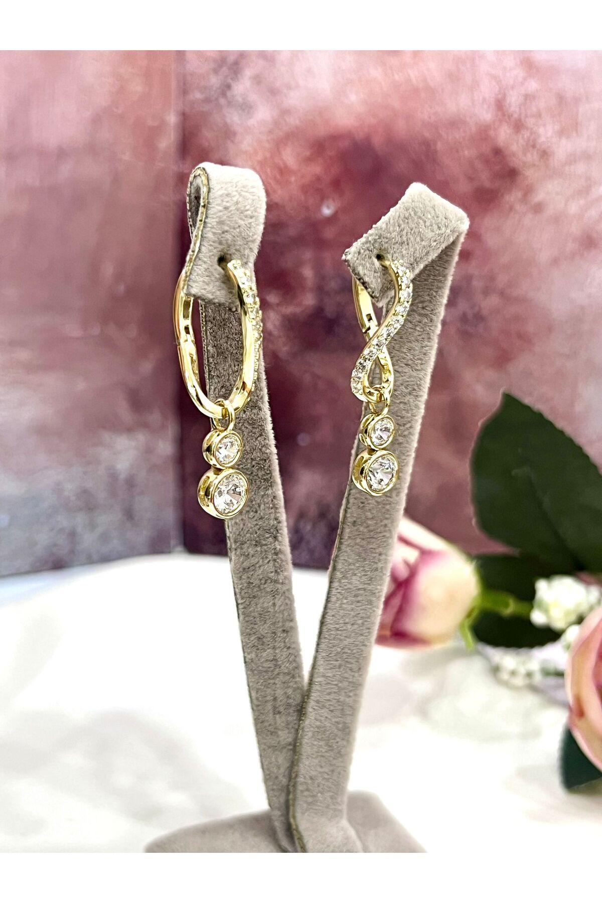 Çift Tektaşlı Sallantılı Küpe - Zirkon Taşlı VVIP Seri (14k Gold) - Görsel 3