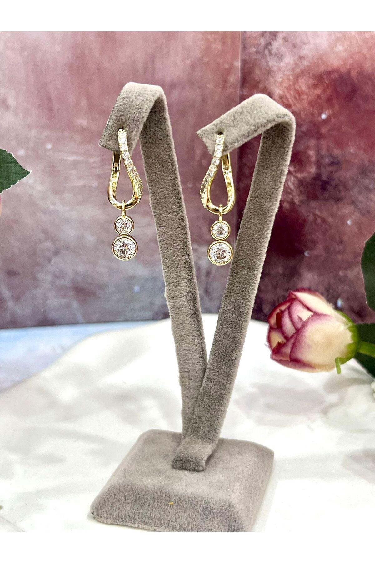 Çift Tektaşlı Sallantılı Küpe - Zirkon Taşlı VVIP Seri (14k Gold) - Görsel 4