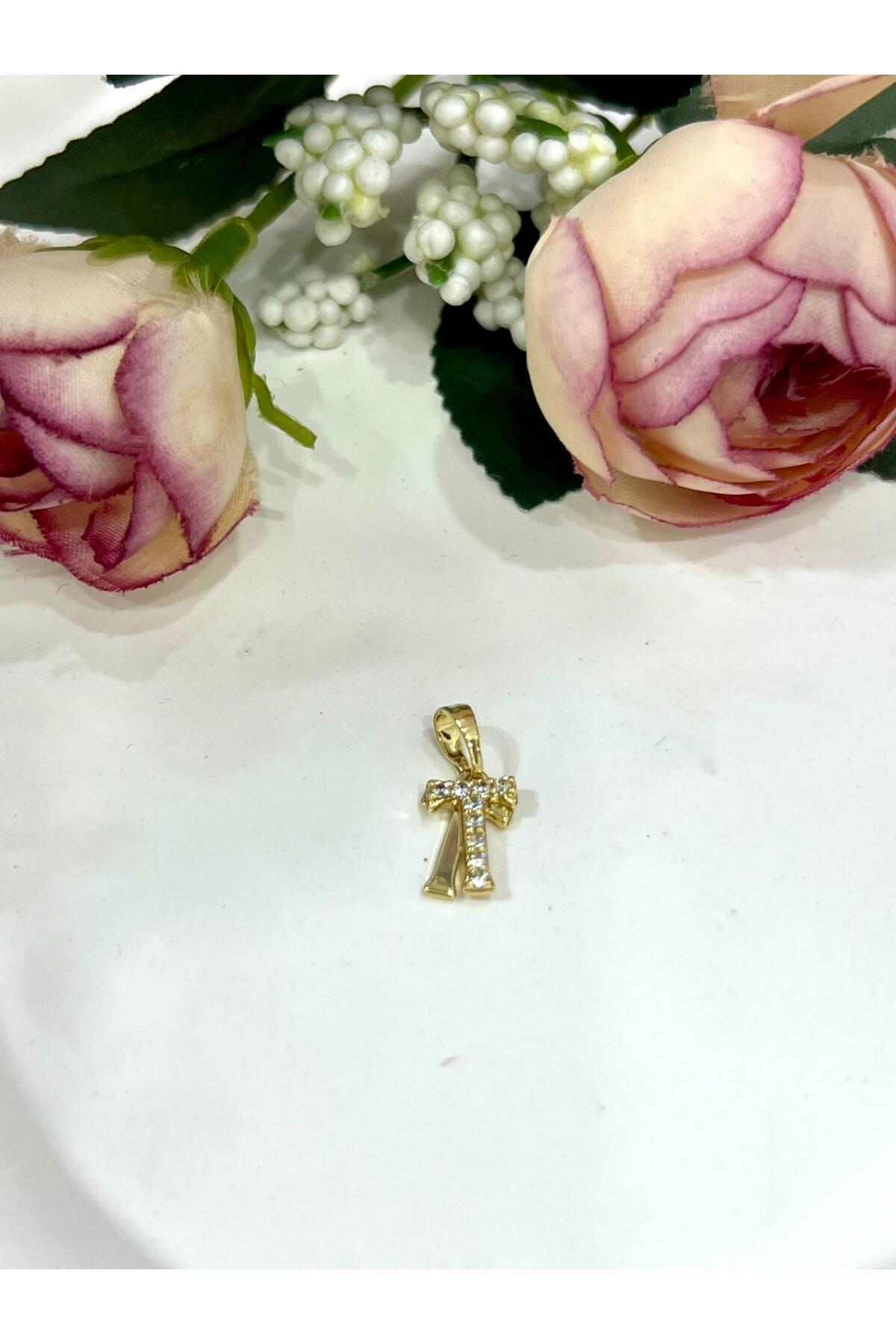 Zirkon Taşlı Harf T Kolye Ucu (14k Gold 1x1cm) - Görsel 2