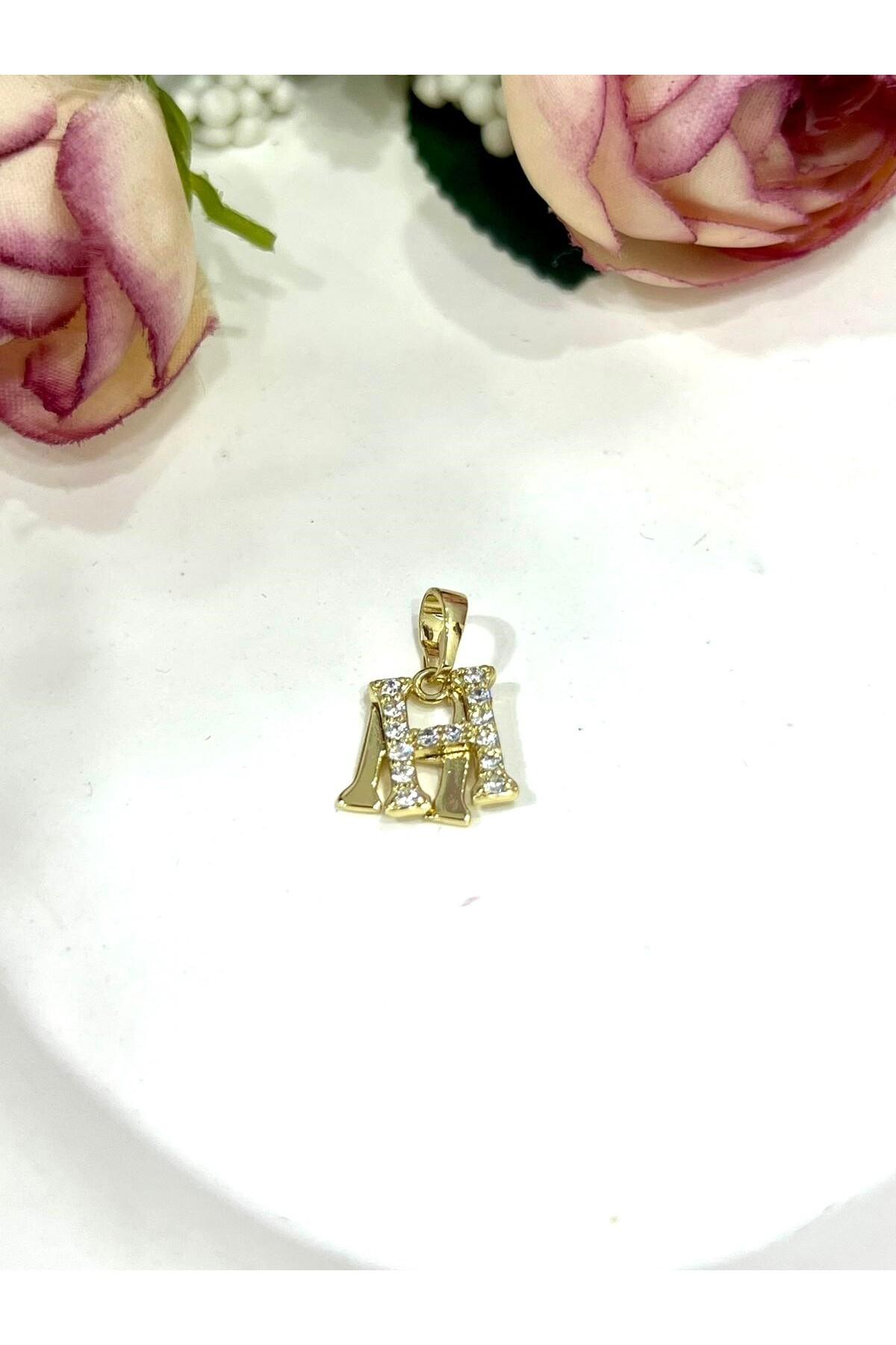Zirkon Taşlı Harf H Kolye Ucu (14k Gold 1x1cm) - Görsel 2