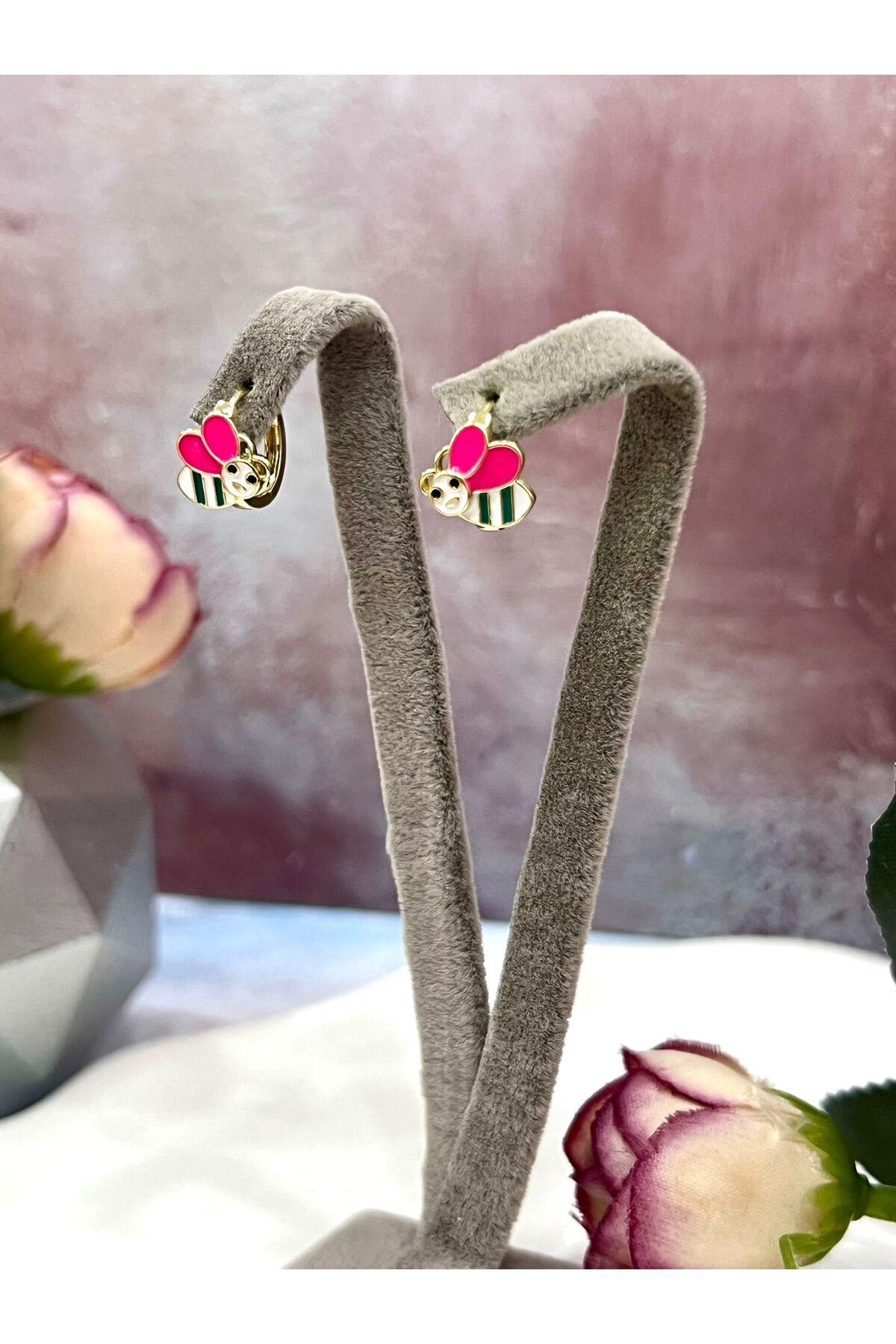 Gold Pembe Kanatlı Sevimli Arı Çocuk Küpesi (14k Gold) - Görsel 3