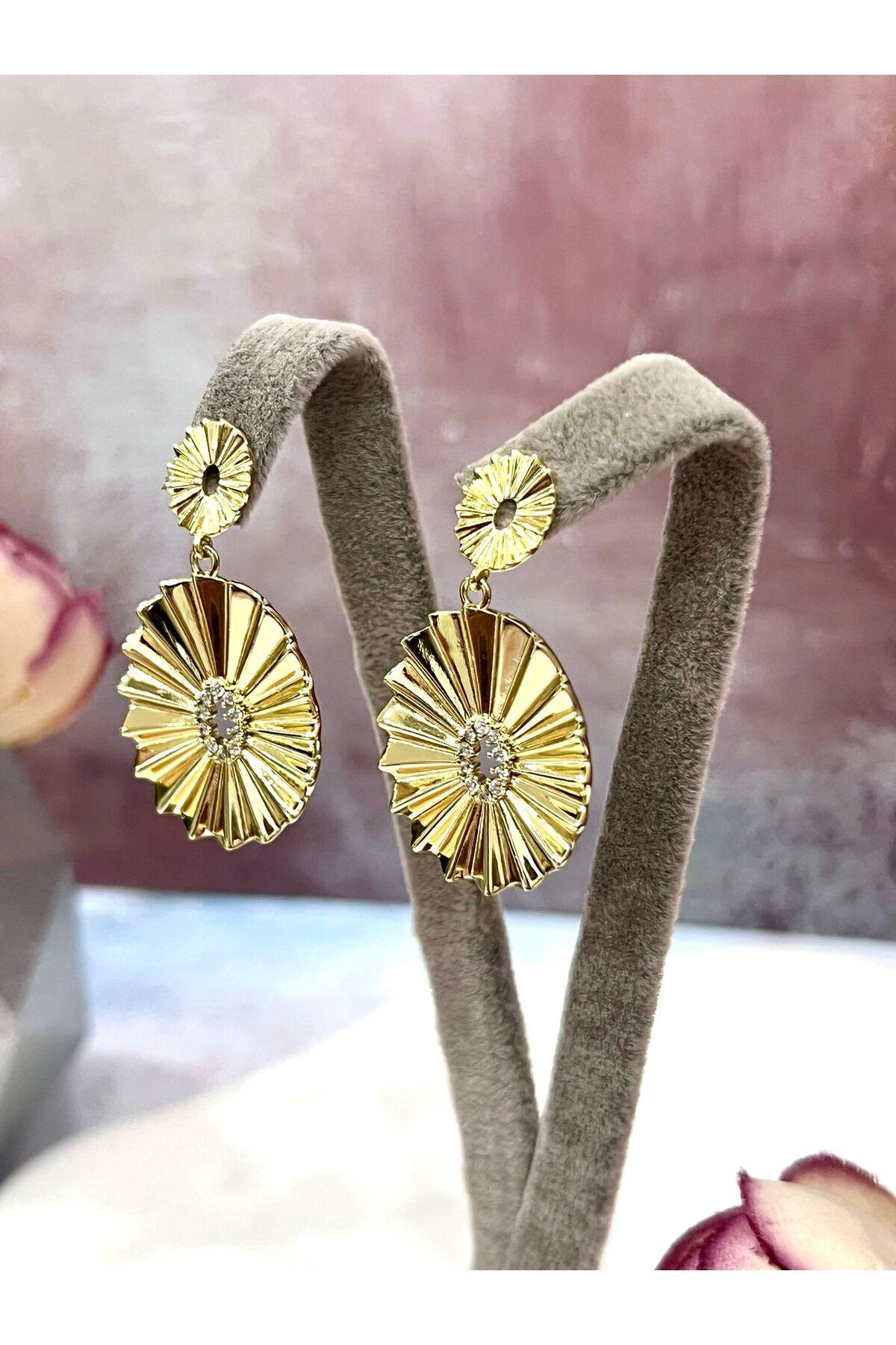 Vintage Güneş Tasarım Işıltılı Küpe (14k Gold) - Görsel 5