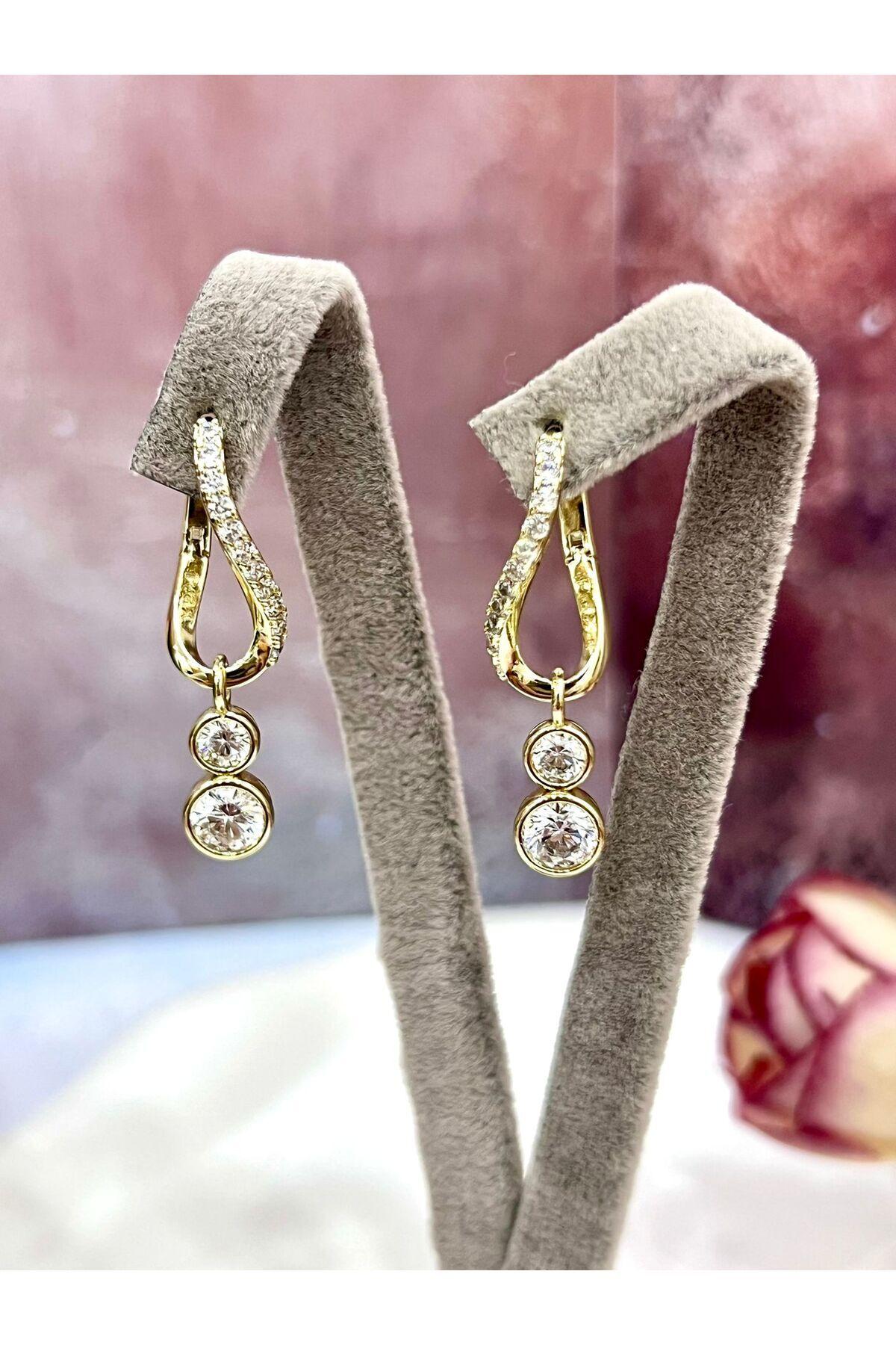 Çift Tektaşlı Sallantılı Küpe - Zirkon Taşlı VVIP Seri (14k Gold) - Görsel 2
