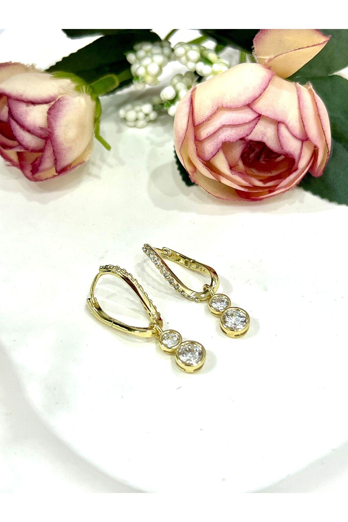 Çift Tektaşlı Sallantılı Küpe - Zirkon Taşlı VVIP Seri (14k Gold) - Görsel 5