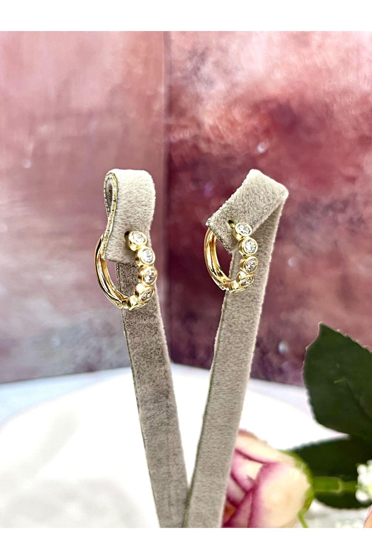 Yuvarlak Kesim Taşlı Halka Küpe (14k Gold) - Görsel 2