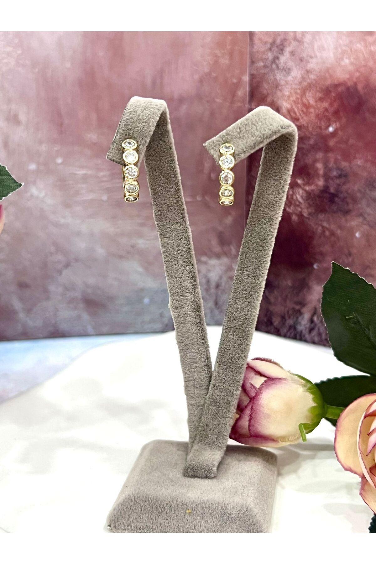 Yuvarlak Kesim Taşlı Halka Küpe (14k Gold) - Görsel 3